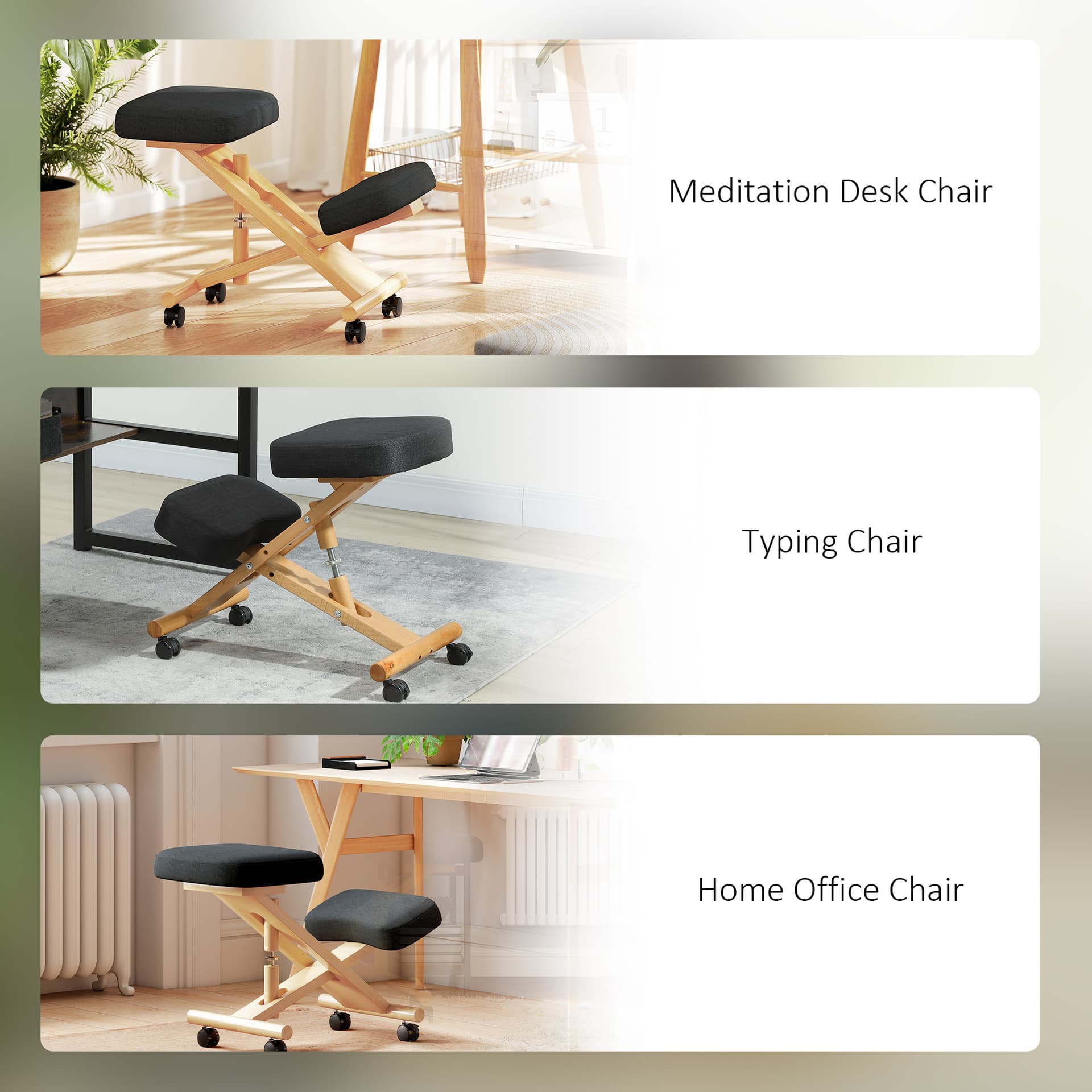 Ergonomic Kneeling Chair, Posture Chair with Rubberwood Frame, Rolling Wheels for Office, Posture Correction, Black