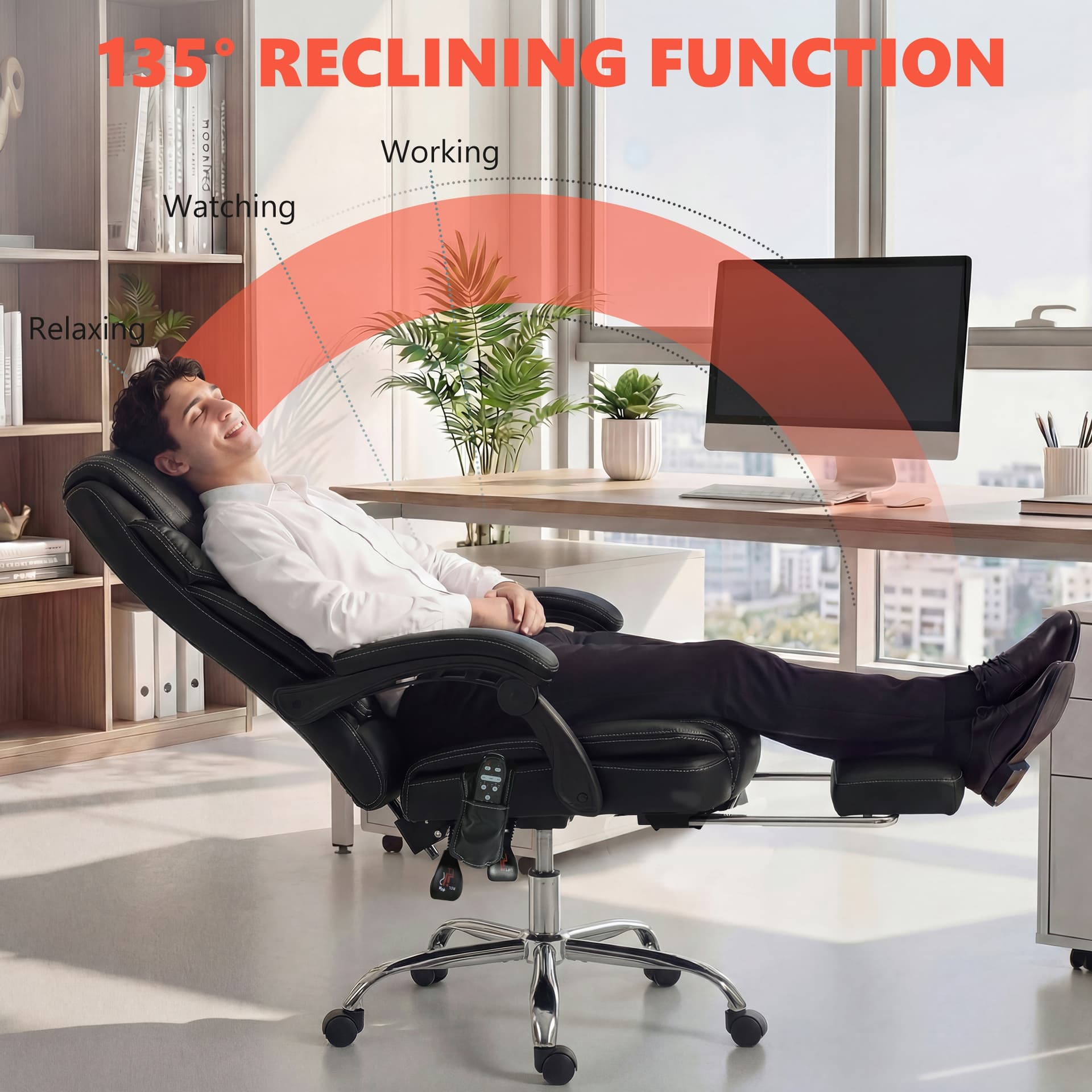 6 Point Vibration Massage Office Chair, PU Leather Heated Reclining Computer Chair with Footrest, Black