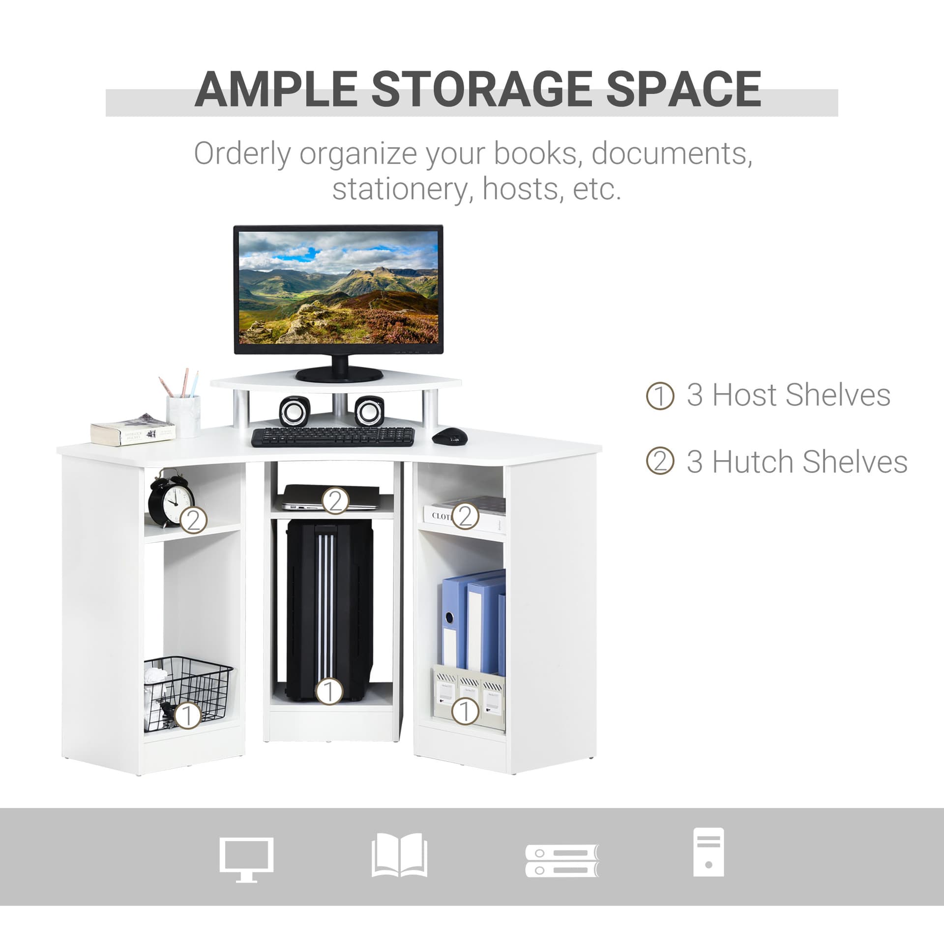 35" L-Shaped Computer Desk with Monitor Stand and Open Shelves, Home Office Corner Desk Study Workstation for Small Space, White