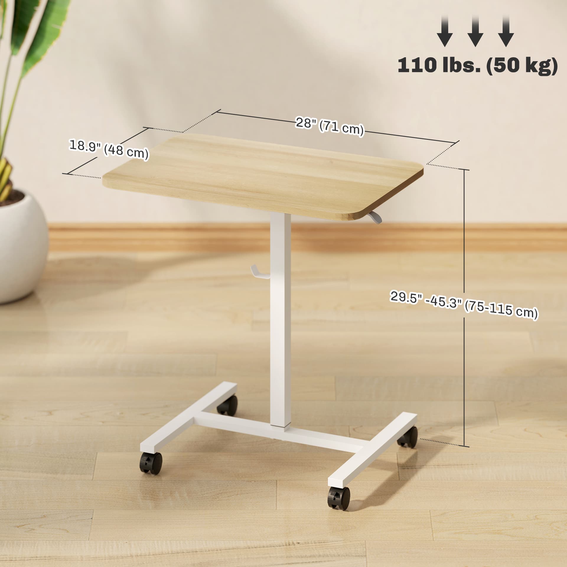Height Adjustable Standing Desk, Pneumatic Sit Stand Desk with Wheels and Headphone Hook for Home Office, Natural
