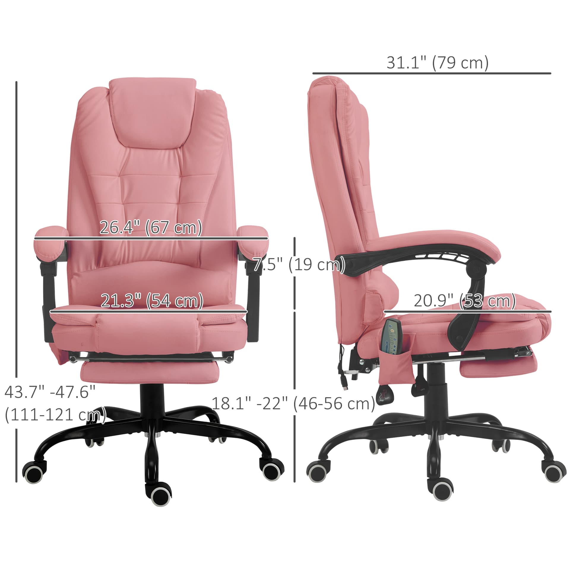 7-Point Vibrating Massage Chair, Reclining Office Chair with Footrest, Reclining Back, Adjustable Height, Pink