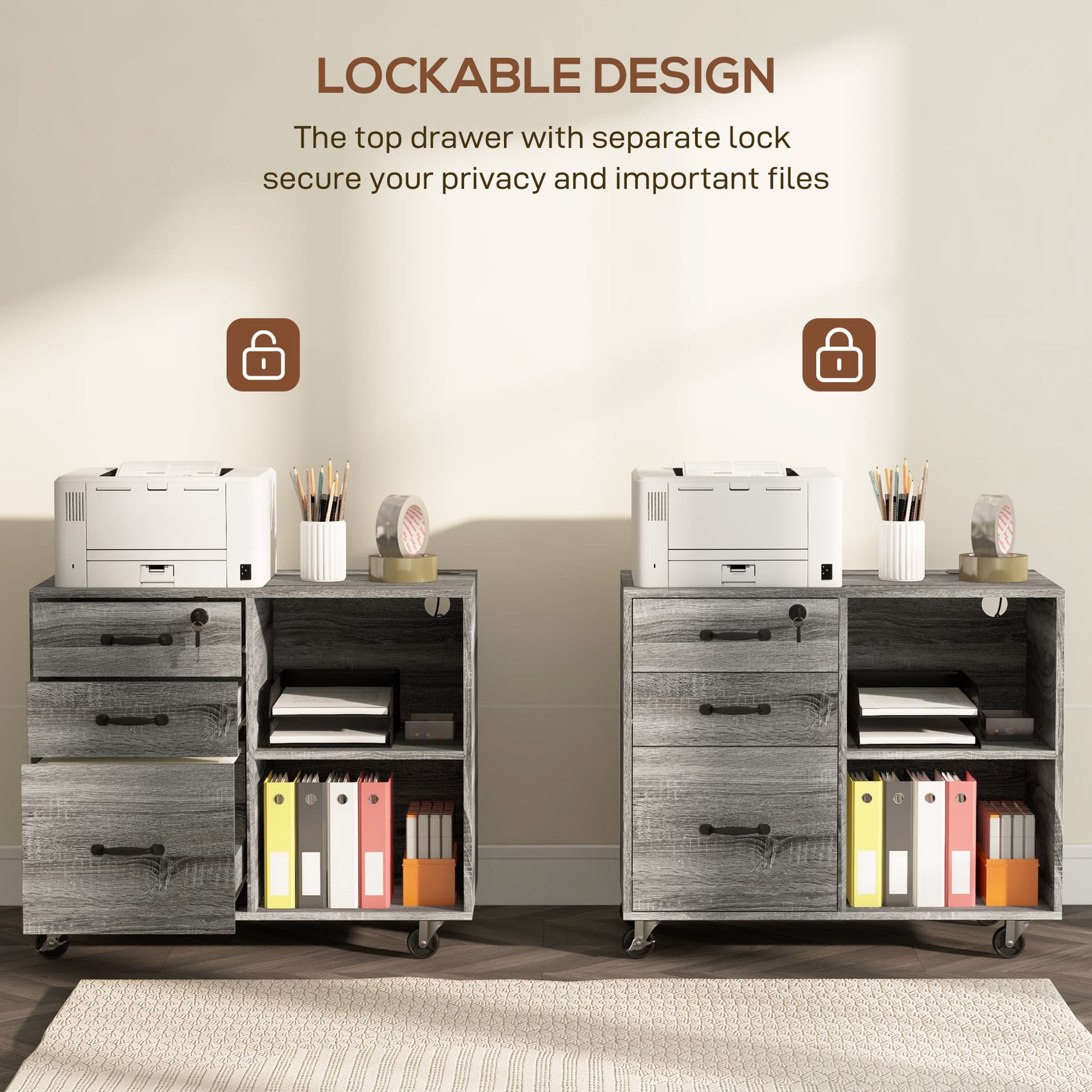 Mobile Printer Stand with Charging Station USB Ports Locking Filing Cabinet for A4 Letter Size Grey