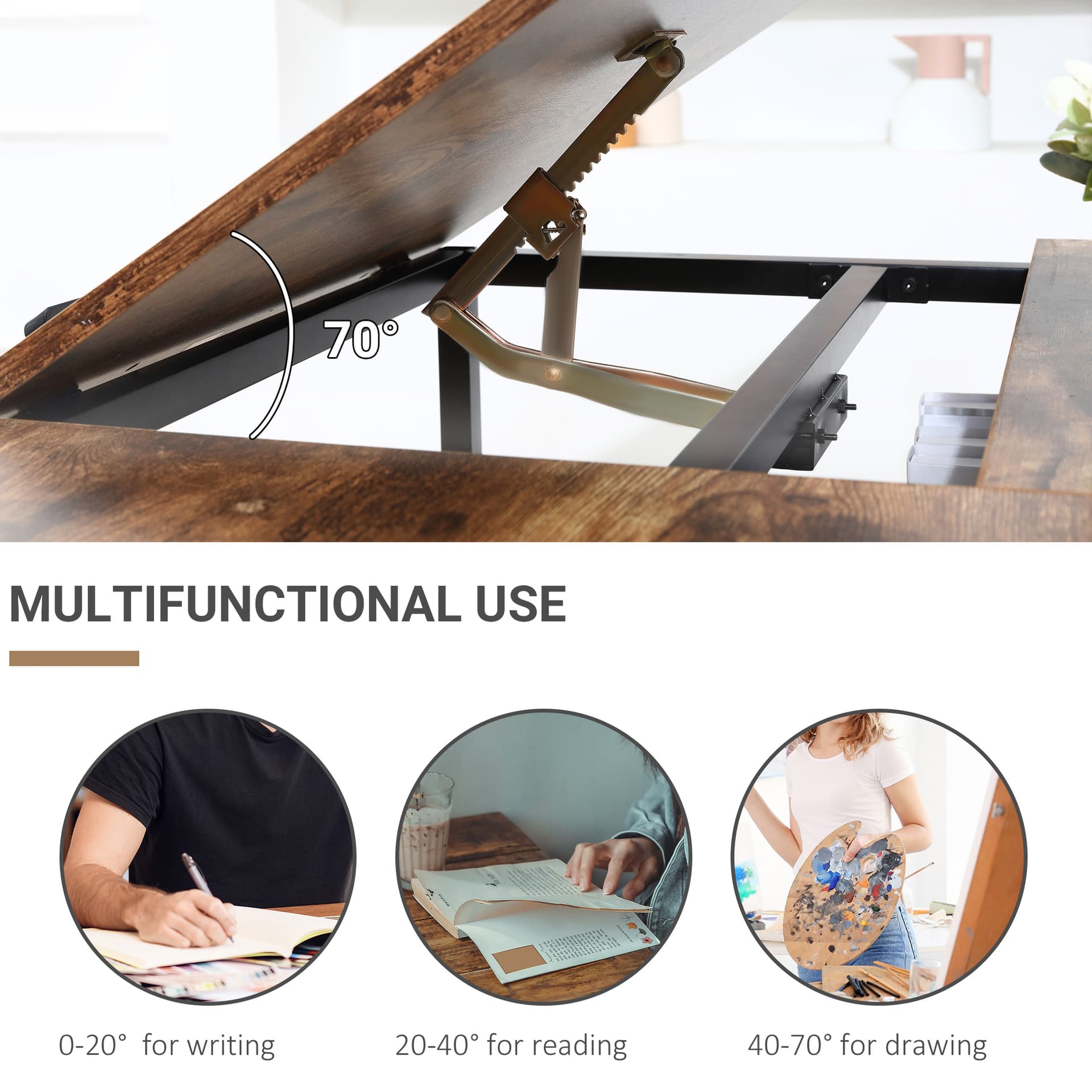 Adjustable Drafting Table Art Desk Drawing Table Craft Desk Workstation for Painting Multifunctional Writing Desk with Tiltable Tabletop and Storage Shelf Rustic Brown
