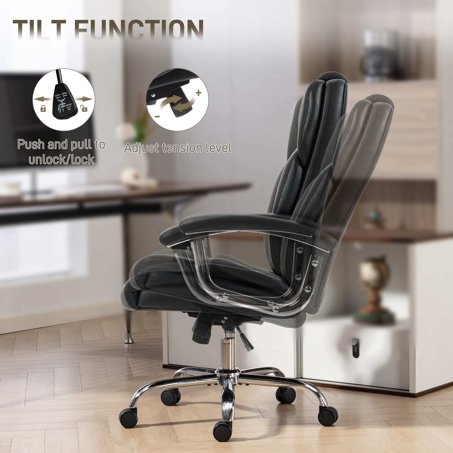 Big and Tall Office Chair 400 lbs, Desk Chair with Spring Cushion, PU Leather, High Back, Swivel Wheels, Black