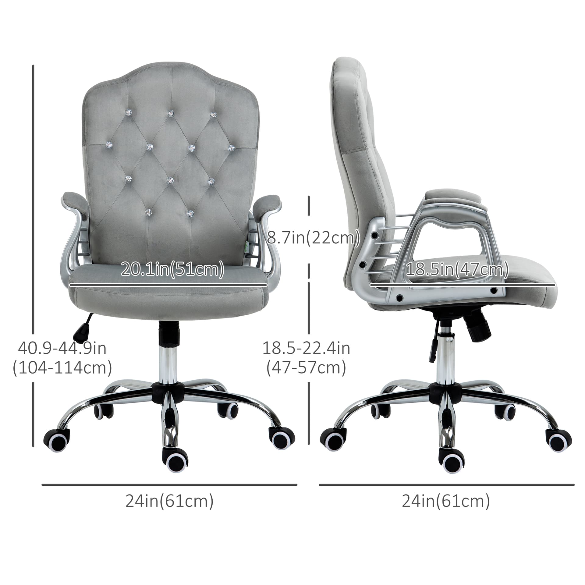 Office Chair, Velvet Computer Desk Chair with Swivel Wheels, Adjustable Height, Tilt Function, Button Tufted, Grey