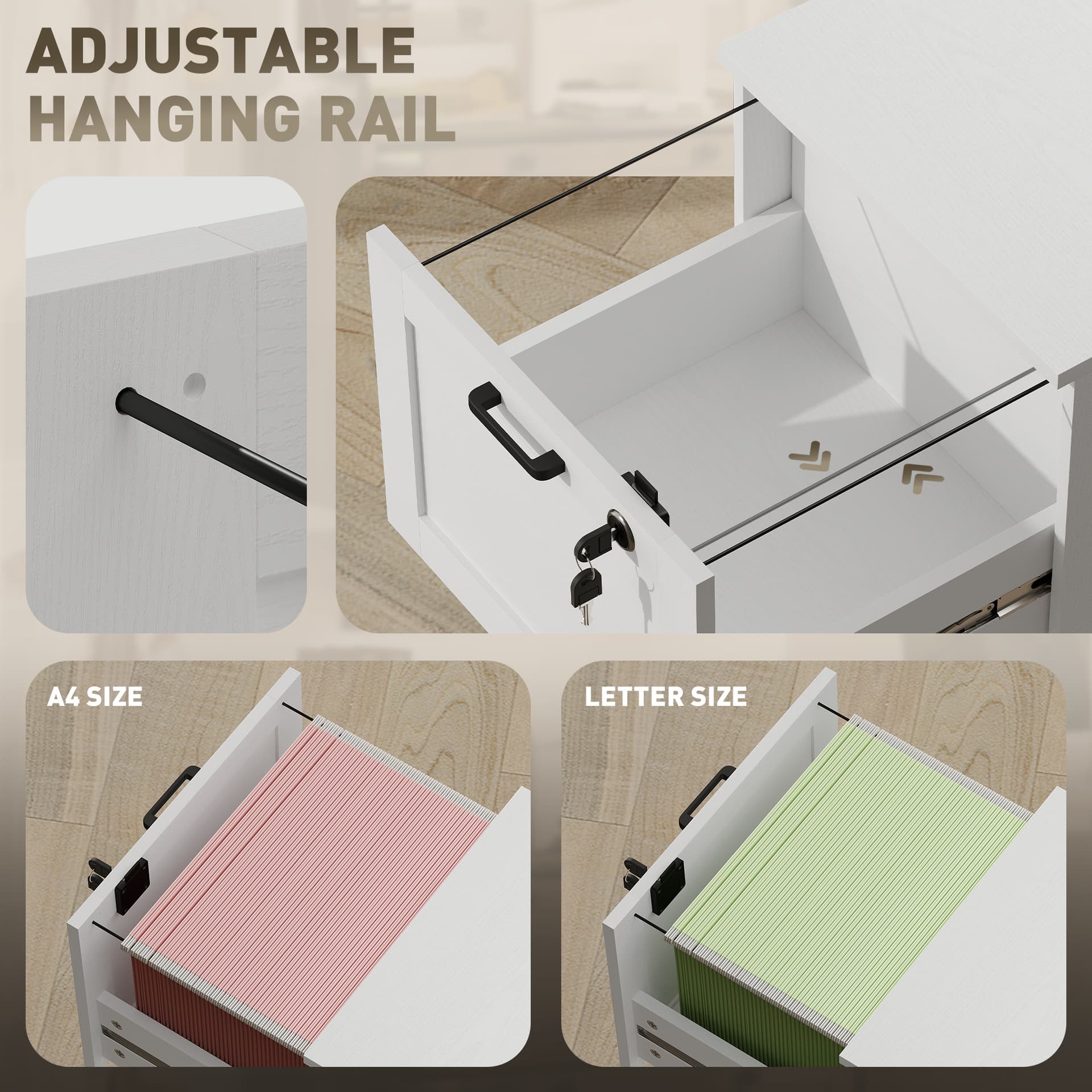 Vertical Filing Cabinet with 2 Drawers, Lock, File Cabinet for Home Office, A4 and Letter Size Files, White