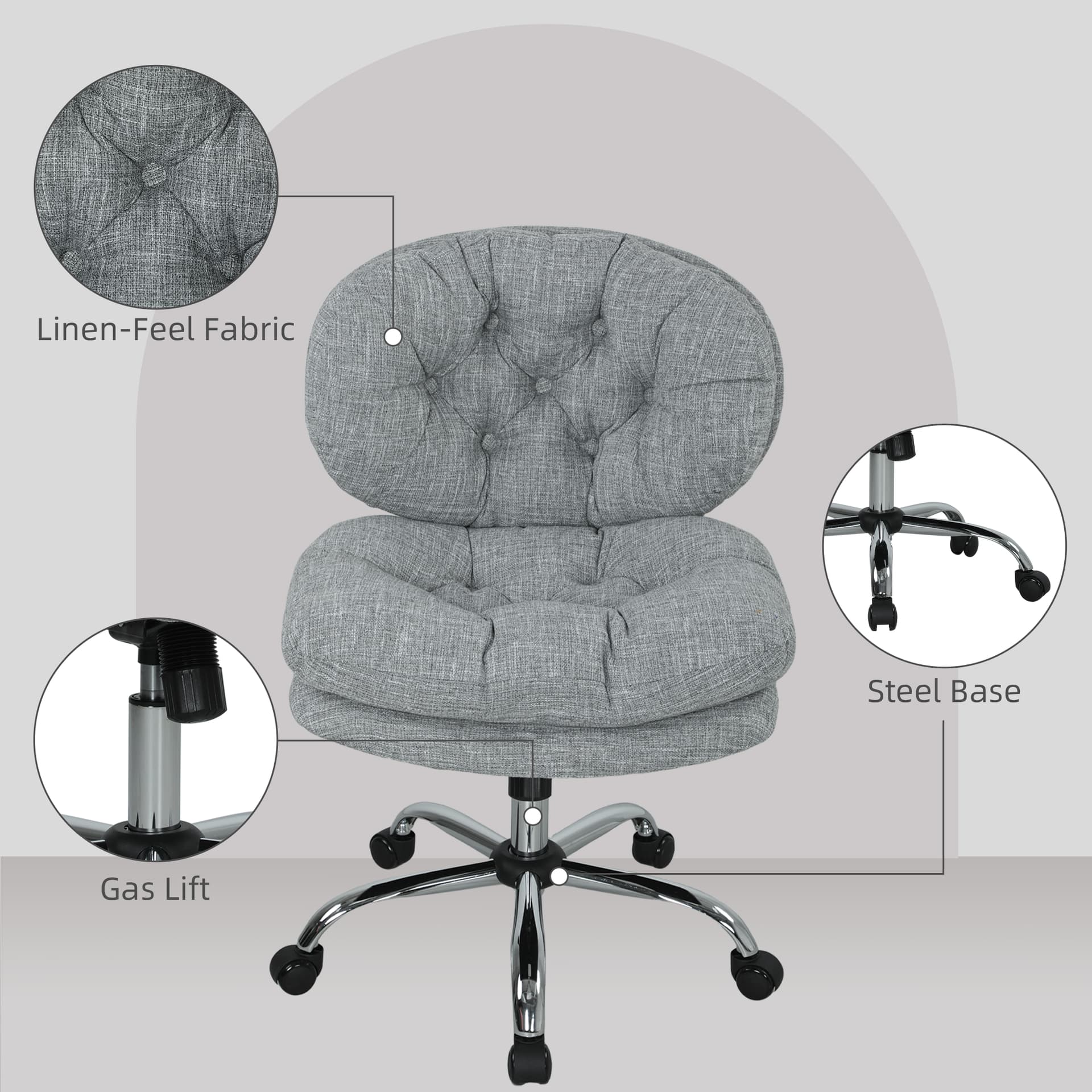 Computer Desk Chair, Armless Office Chair with Wide Padded Seat and Adjustable Height, Tilt Function, Grey