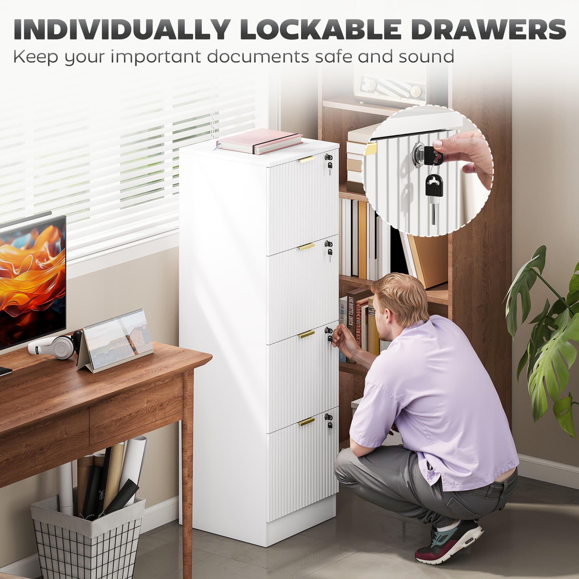 Lockable Filing Cabinet with 4 Fluted Drawers, File Cabinet with Adjustable Hanging Rails for A4 Letter Files, White