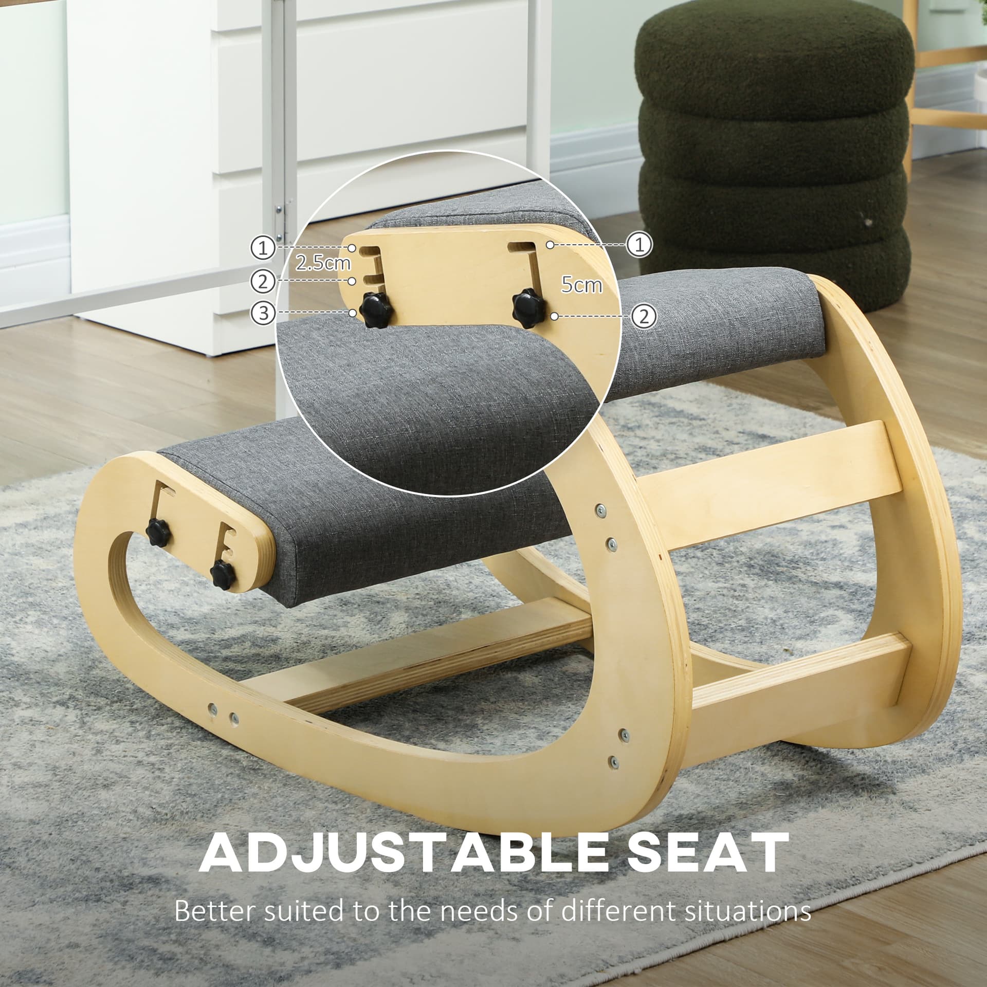 Ergonomic Kneeling Chair, Adjustable Rocking Wood Kneeling Stool, Desk Chair, Improve Posture, Grey