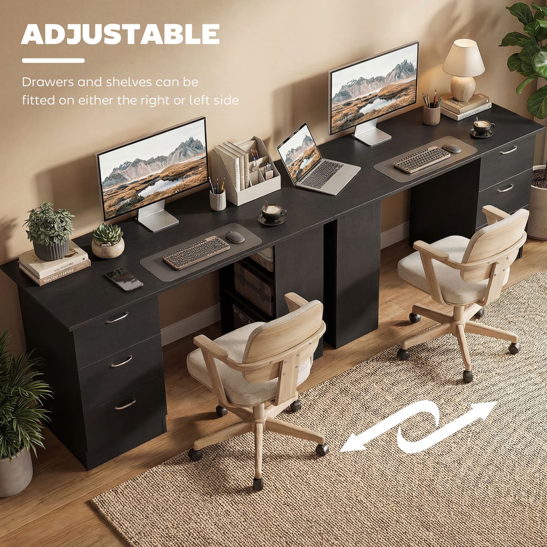 Computer Desk, 47" Writing Table with 3-Tier Shelves and 3 Reversible Drawers for Home Office, Bedroom, Black