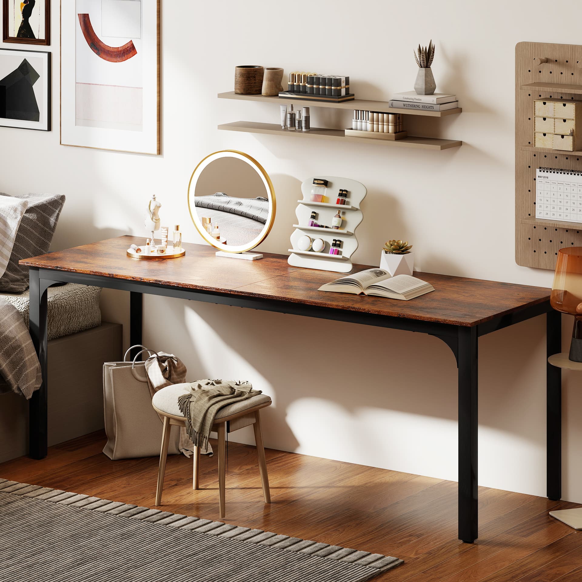 79" Computer Desk, Desktop Desk with Metal Legs, Rustic Brown