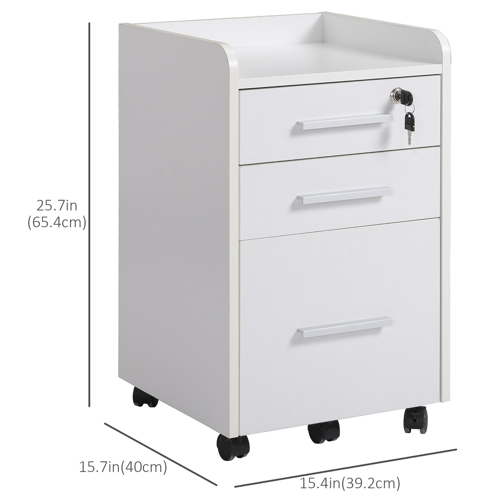 3 Drawer File Cabinet with Lock and Edged Top, Lockable Filing Cabinet on Wheels for Letter and A4 Size, White