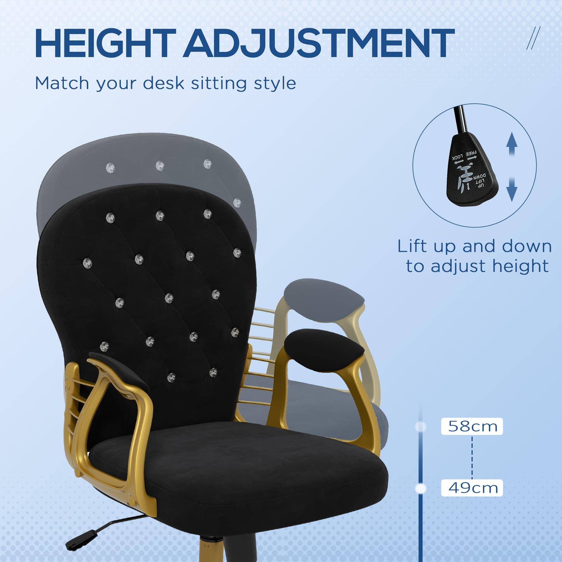 Velvet Office Desk Chair Button Tufted Vanity Chair with Swivel Wheels, Adjustable Height and Tilt Function, Black