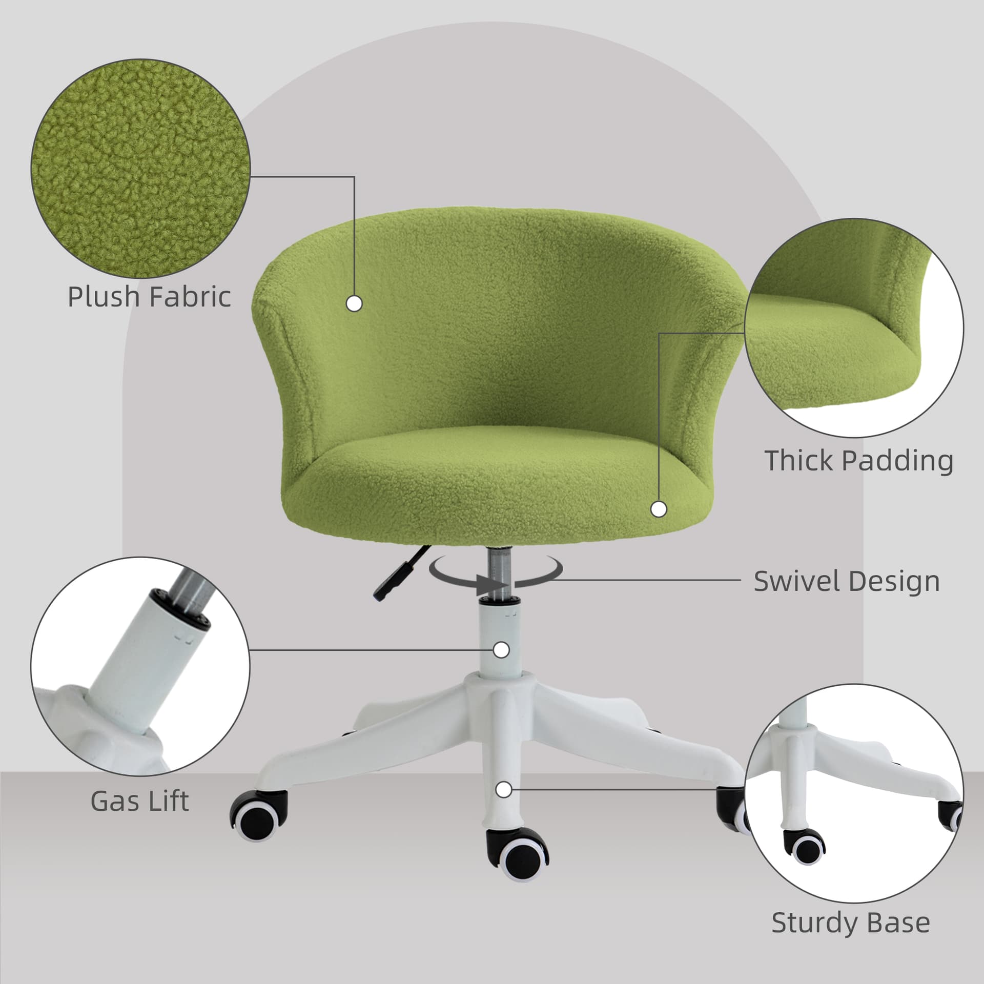 Armless Office Chair, Fluffy Computer Desk Chair with Adjustable Height, Swivel Wheels, Mid Back, Light Green