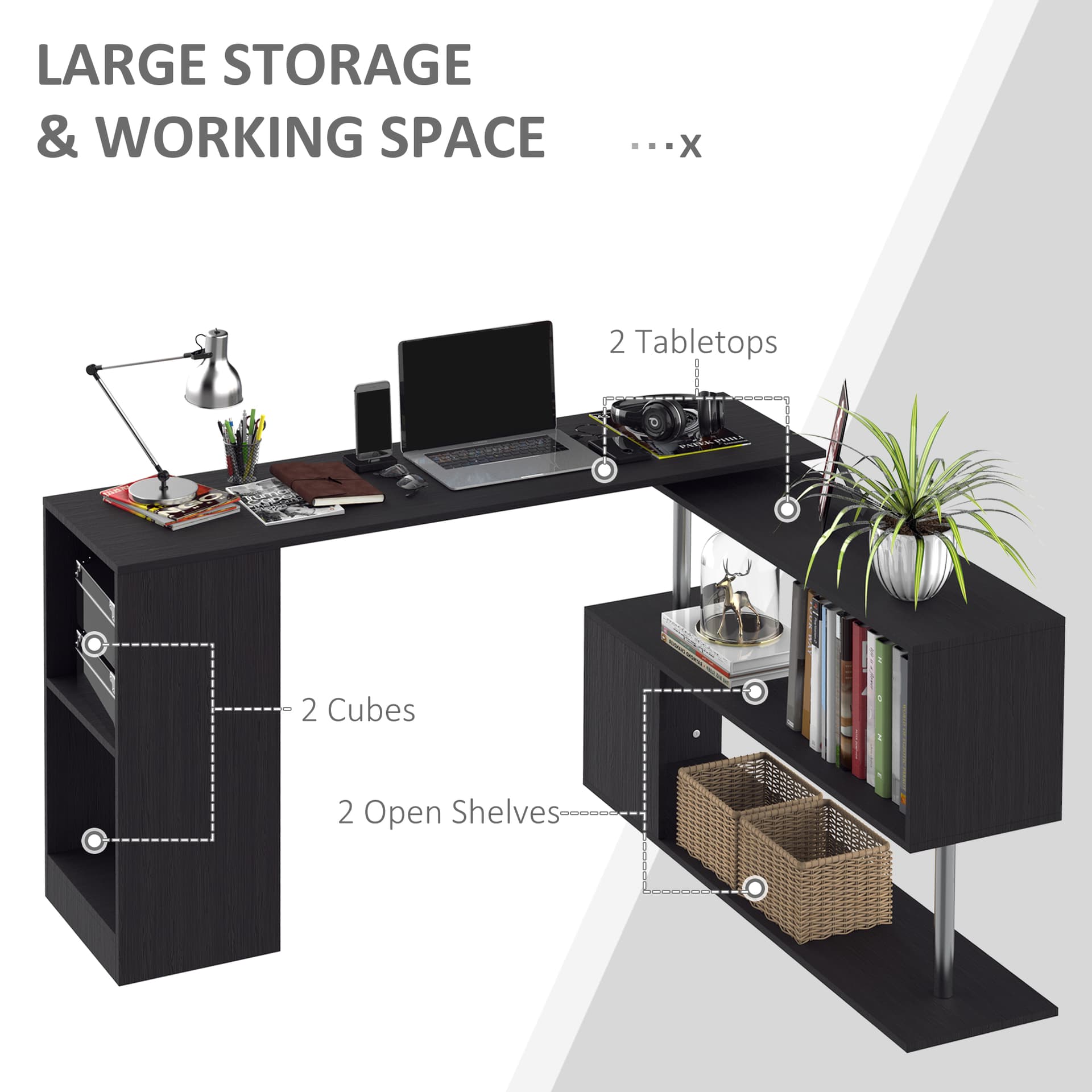 55" Corner Computer Desk, 360° Rotating L-Shaped Desk, Home Office Workstation with 3-Tier Shelves, Bookshelf, Black