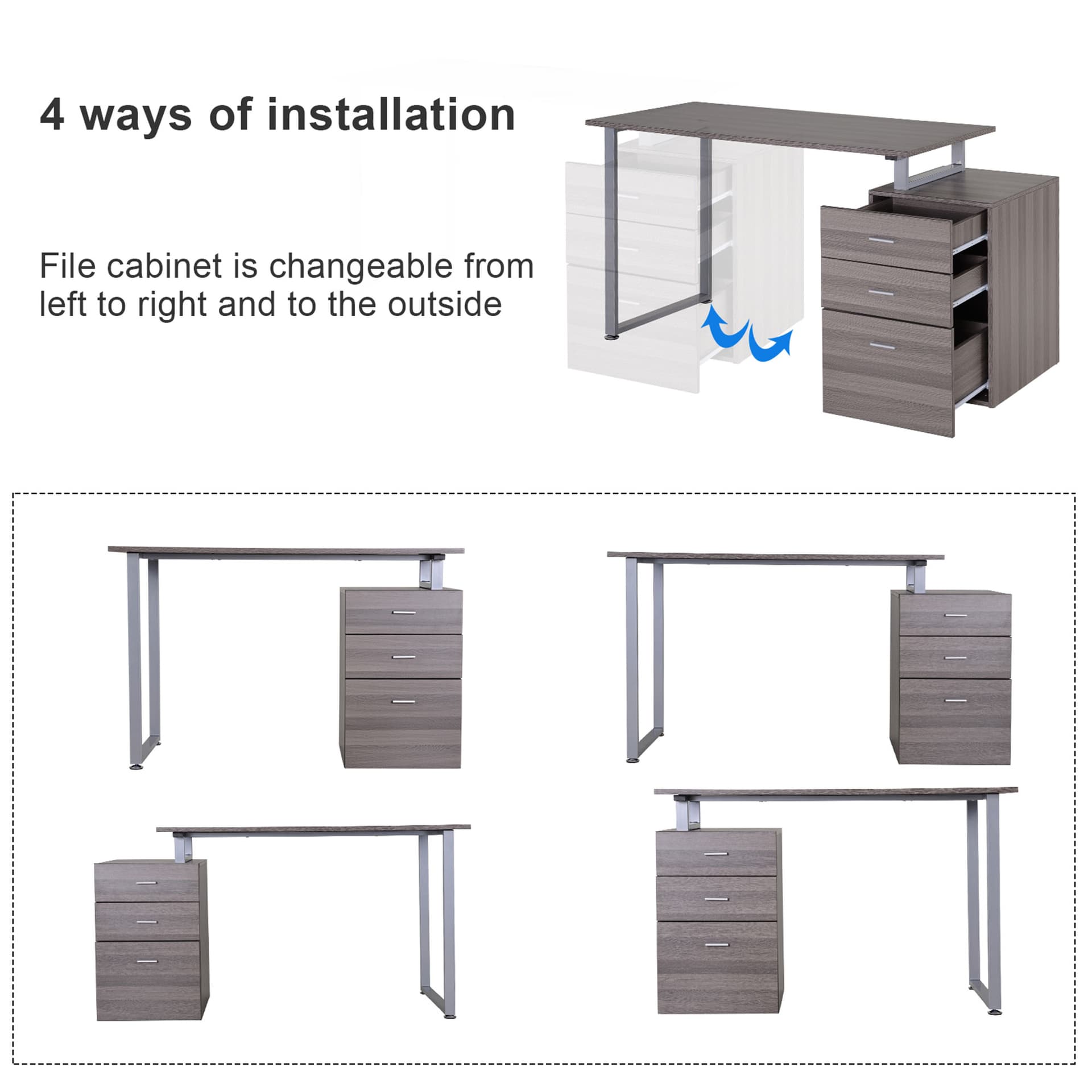 47" Computer Desk Writing Table Workstation with Multi-Use Reversible File Drawers Metal Frame Home Office Furniture, Dark Wood Grain