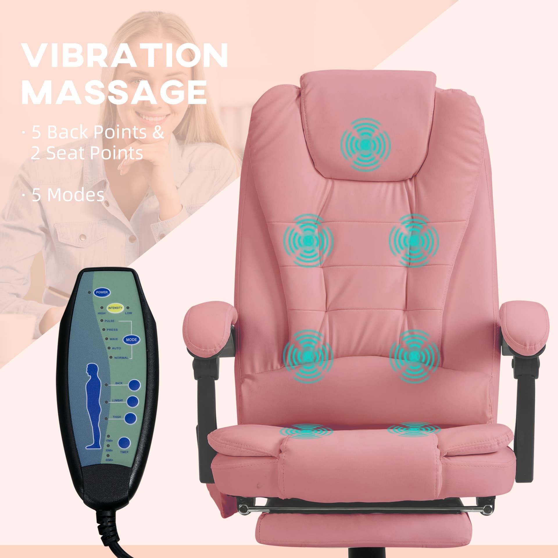 7-Point Vibrating Massage Chair, Reclining Office Chair with Footrest, Reclining Back, Adjustable Height, Pink