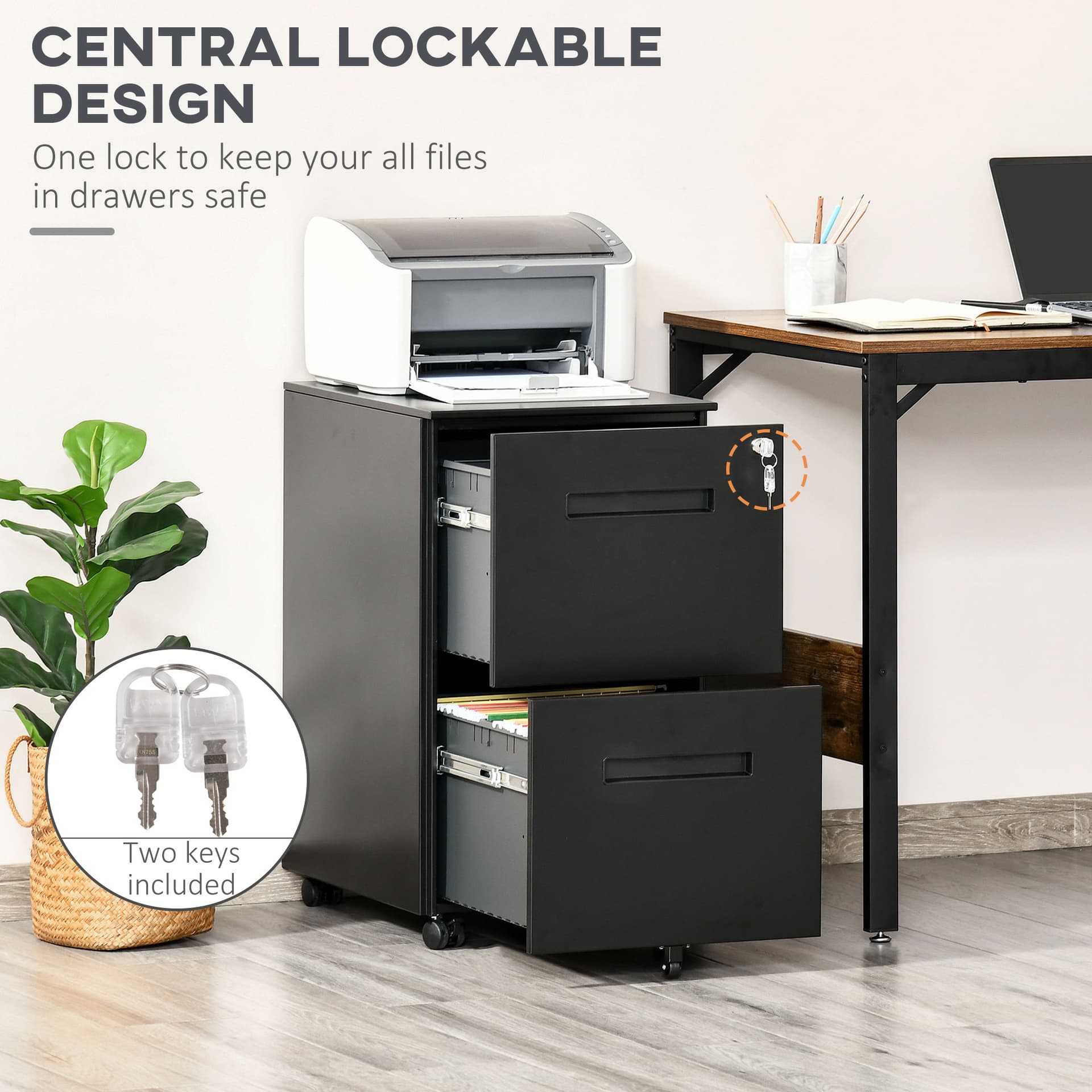 File Cabinet, Vertical Filing Cabinet with Adjustable Partition for A4 Letter Size, Lockable for Office, Black