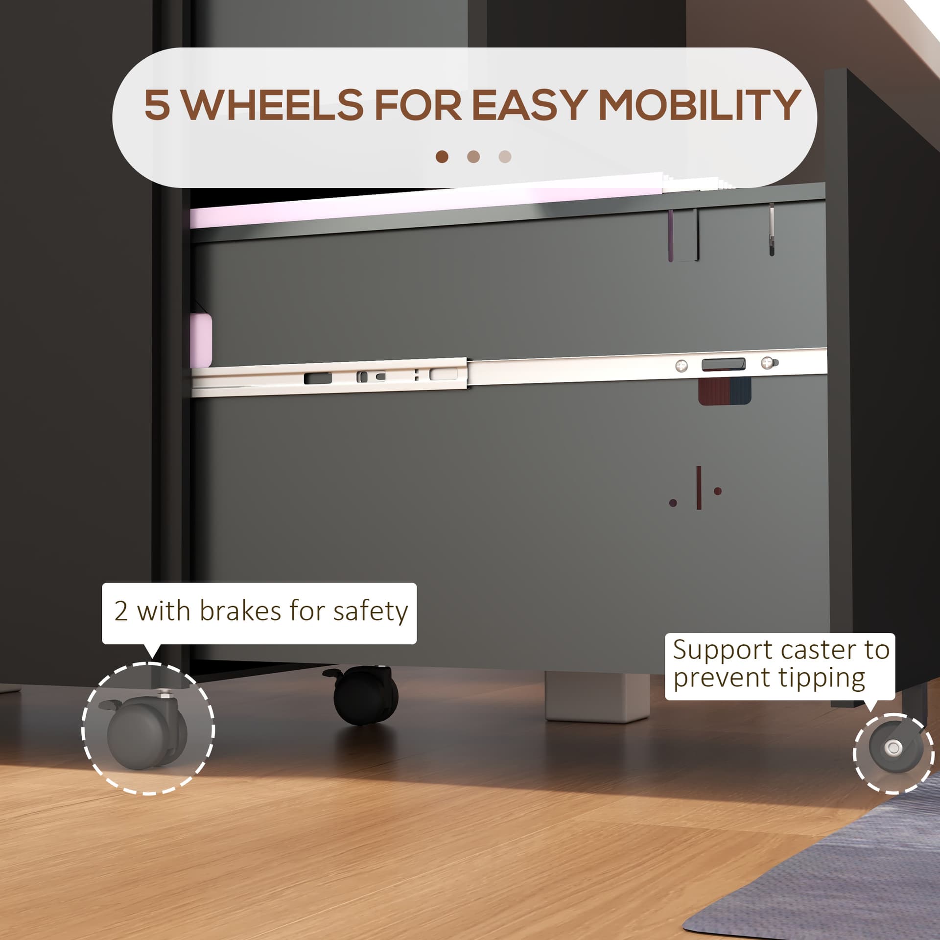 Vertical Steel Filing Cabinet on Wheels, 2-Drawer Lockable File Cabinet with Adjustable Hanging Bar for A4, Legal and Letter Size, Black