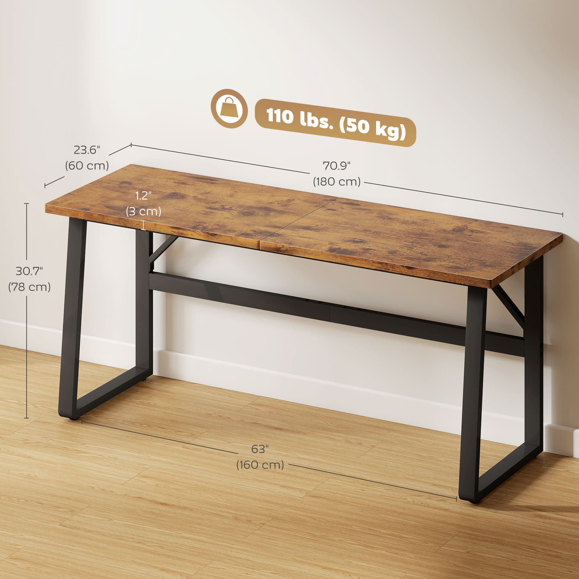 71 Inch Computer Desk, Home Office Desk, Simple Study Writing Table with Adjustable Feet, Modern Style, Brown