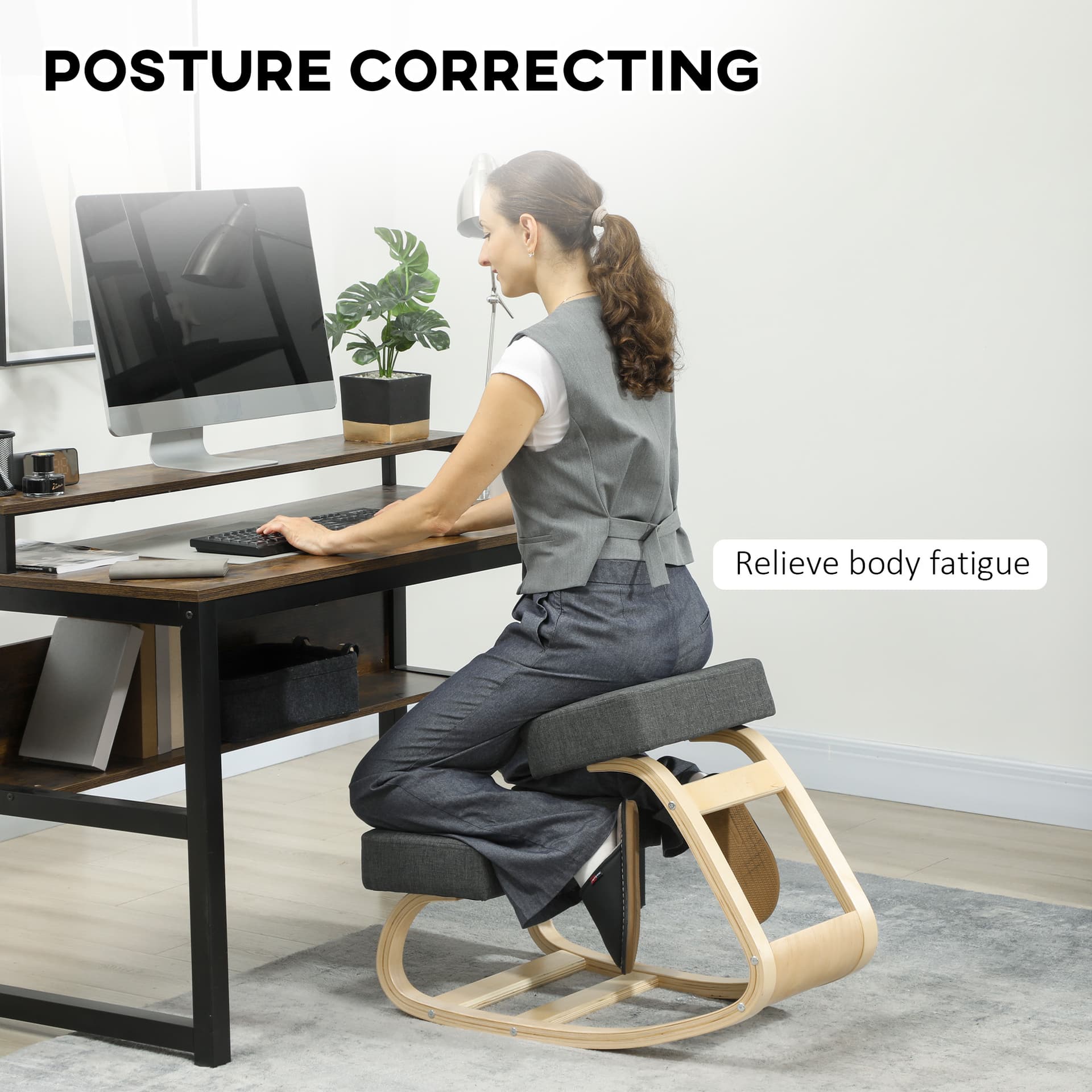 Ergonomic Kneeling Chair, Wood Kneel Stool with Thick Pads, Desk Knee Chair, Improve Posture, Dark Grey