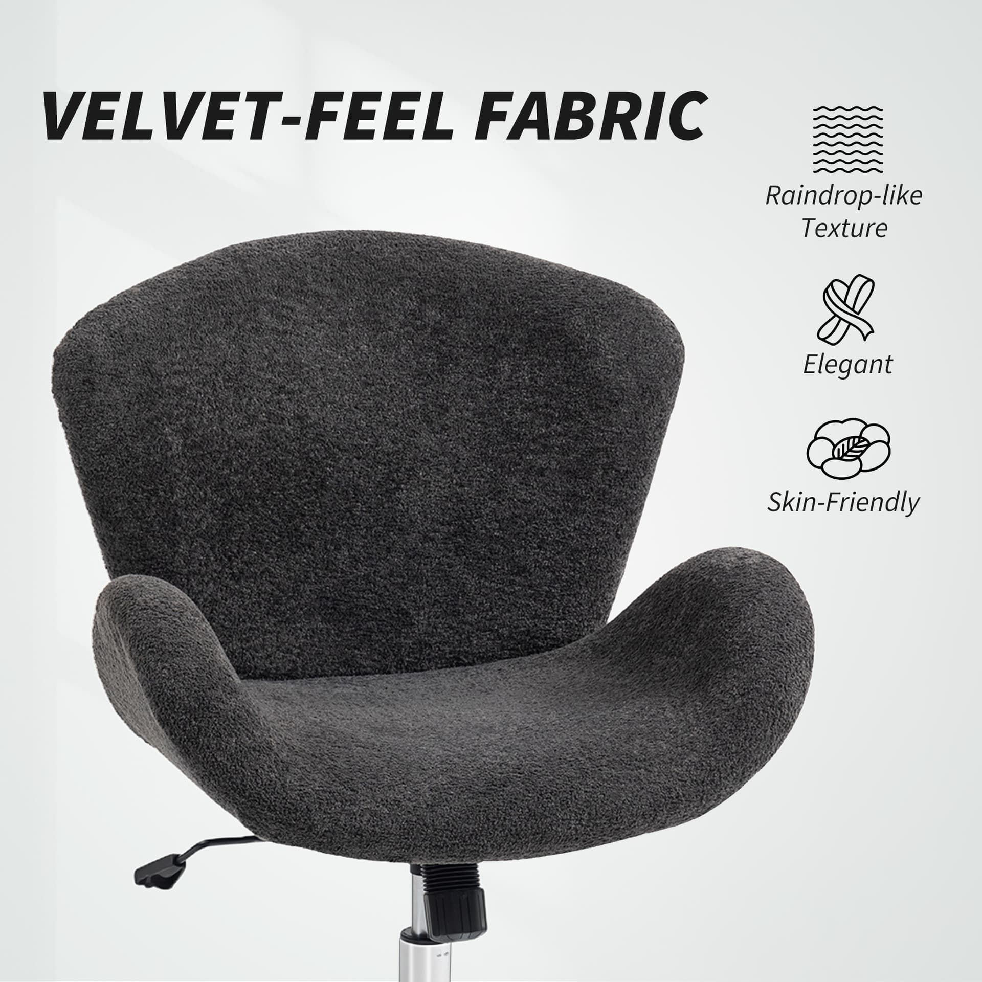 Swivel Office Chair, Velvet Desk Chair with Wide Bucket Seat, Butterfly Back, Tilt Function and Round Base, Dark Grey