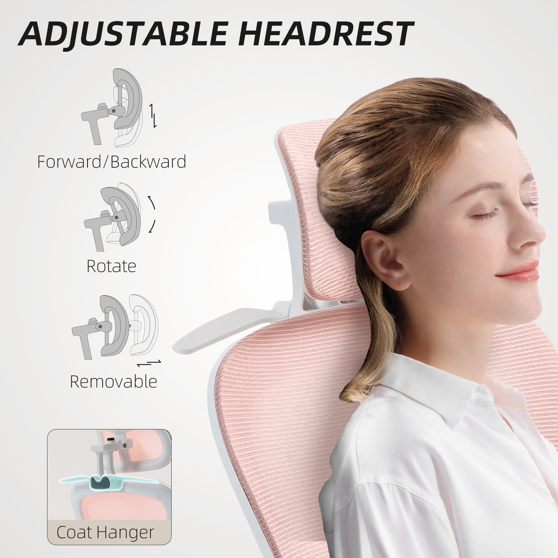 Mesh Office Chair, Ergonomic Desk Chair with Flip-up Armrest, Rotatable Headrest, Adjustable Lumbar Support, Pink