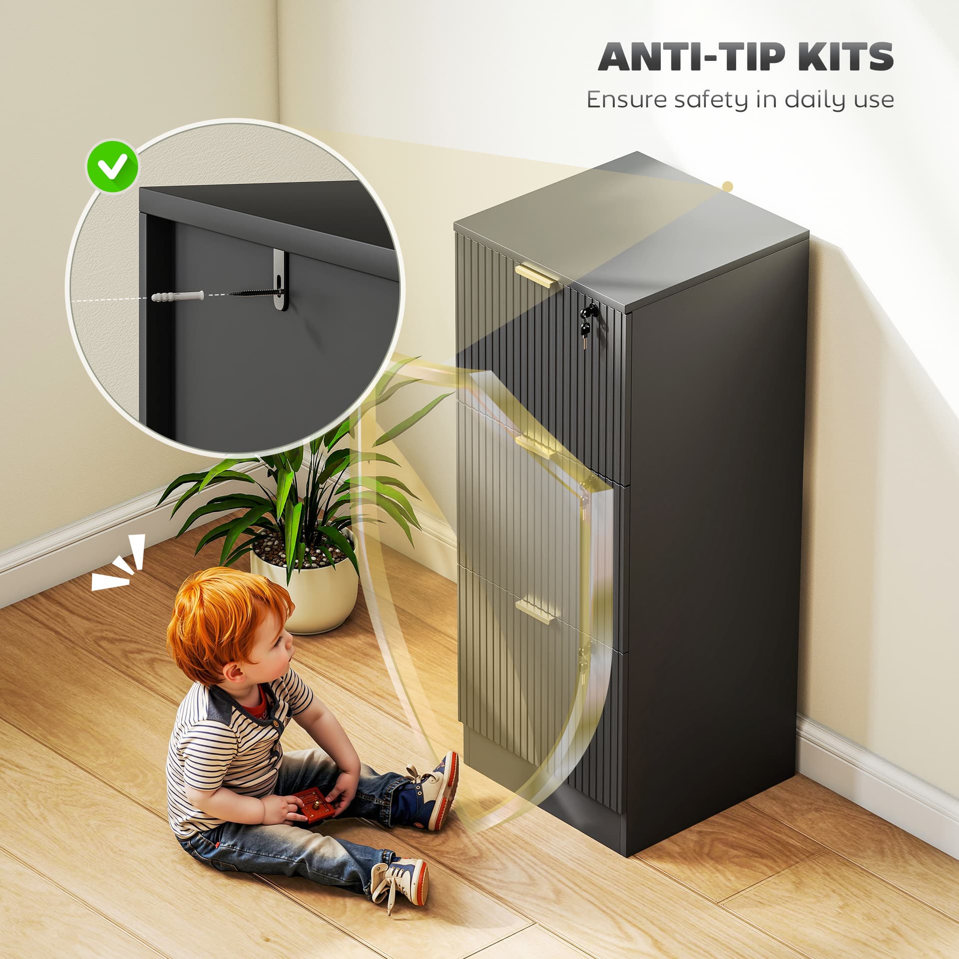 Lockable Filing Cabinet with 3 Fluted Drawers, File Cabinet with Adjustable Hanging Rails for A4 Letter Files, Black