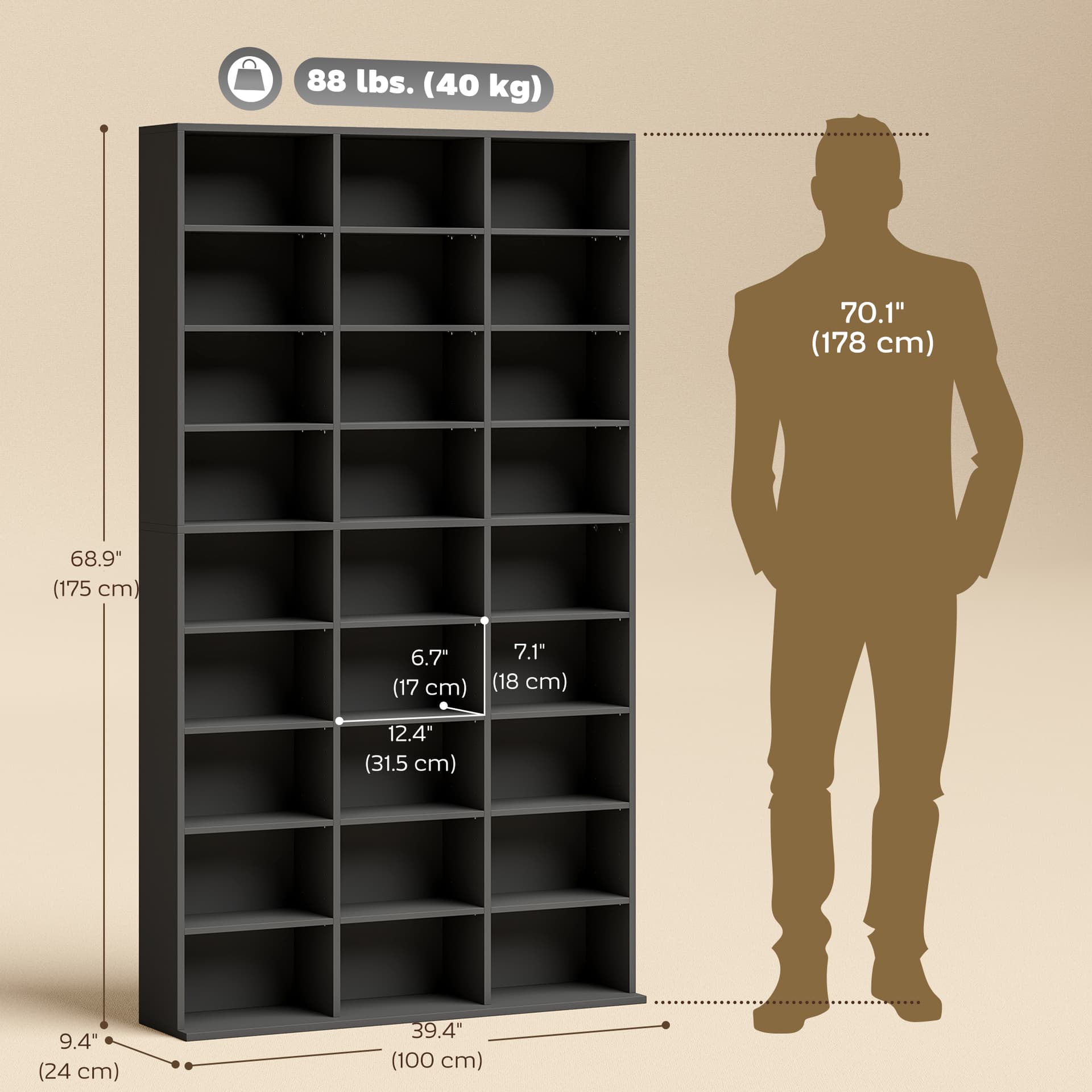 Media Storage Cabinet, 9-Tier DVD Shelf with 21 Adjustable Shelves, Holds 835 CDs, 500 DVDs or 640 Blu-rays, Black