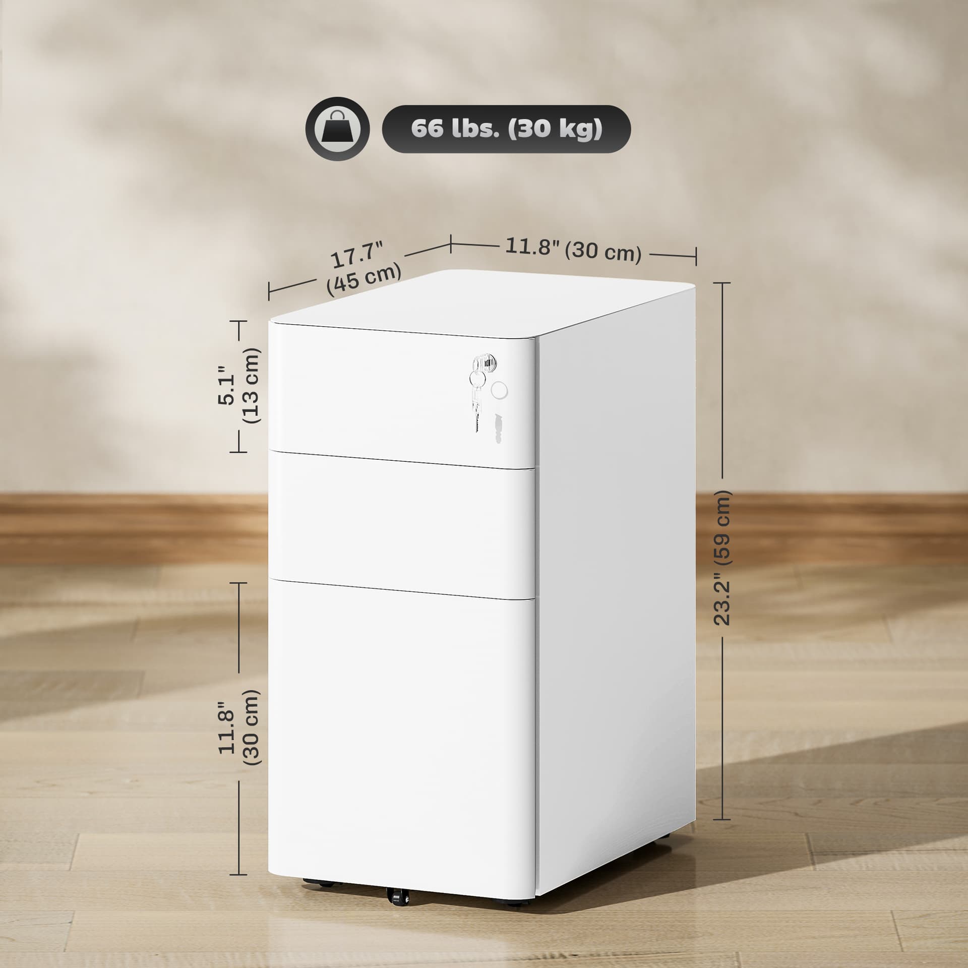 3 Drawer Filing Cabinet, Lockable Steel Office Storage Cabinet with Hanging Bar for Letter, A4, Legal Files, White