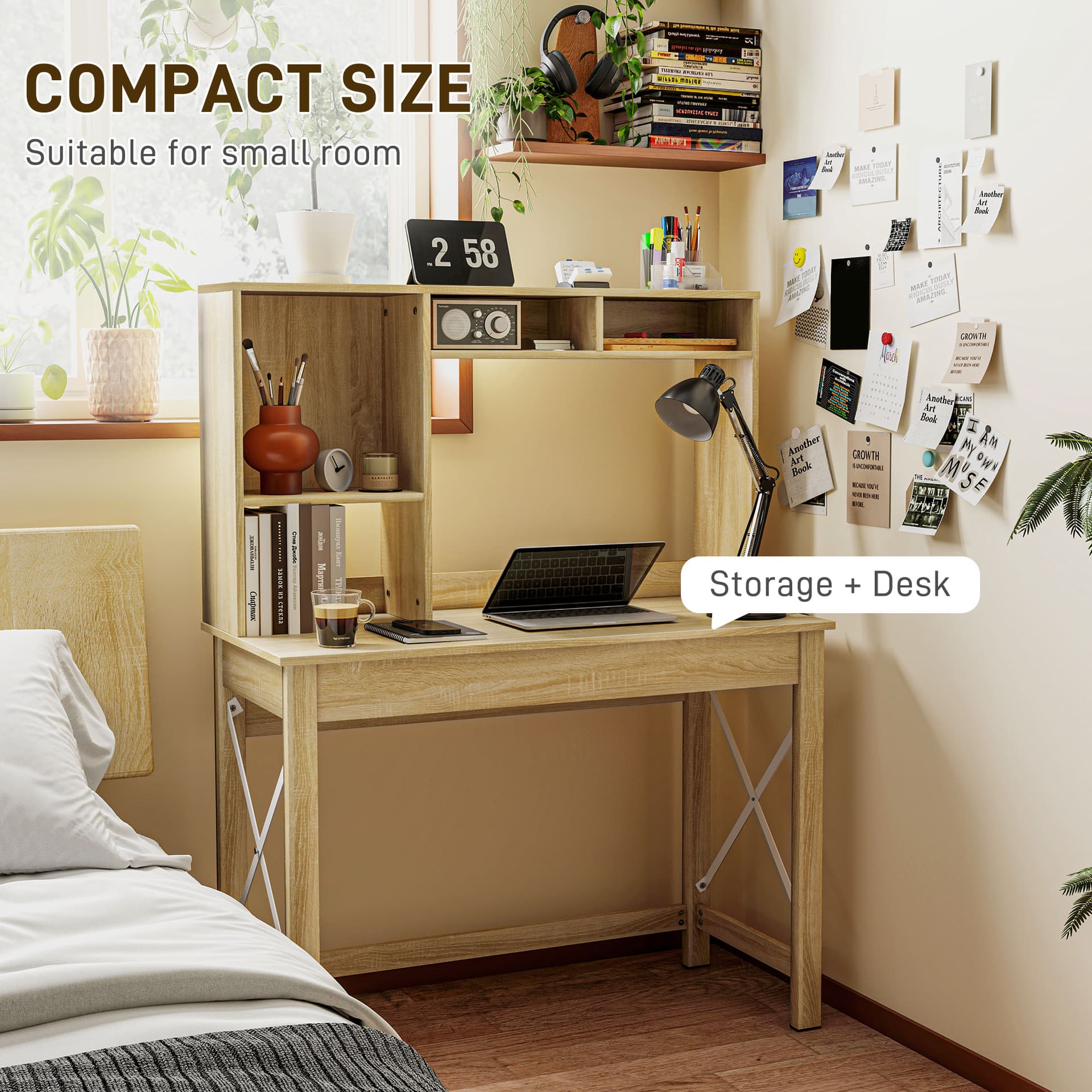 Computer Desk with Hutch, Home Office Table with Storage Shelves and Open Compartments for Writing, Work, Oak