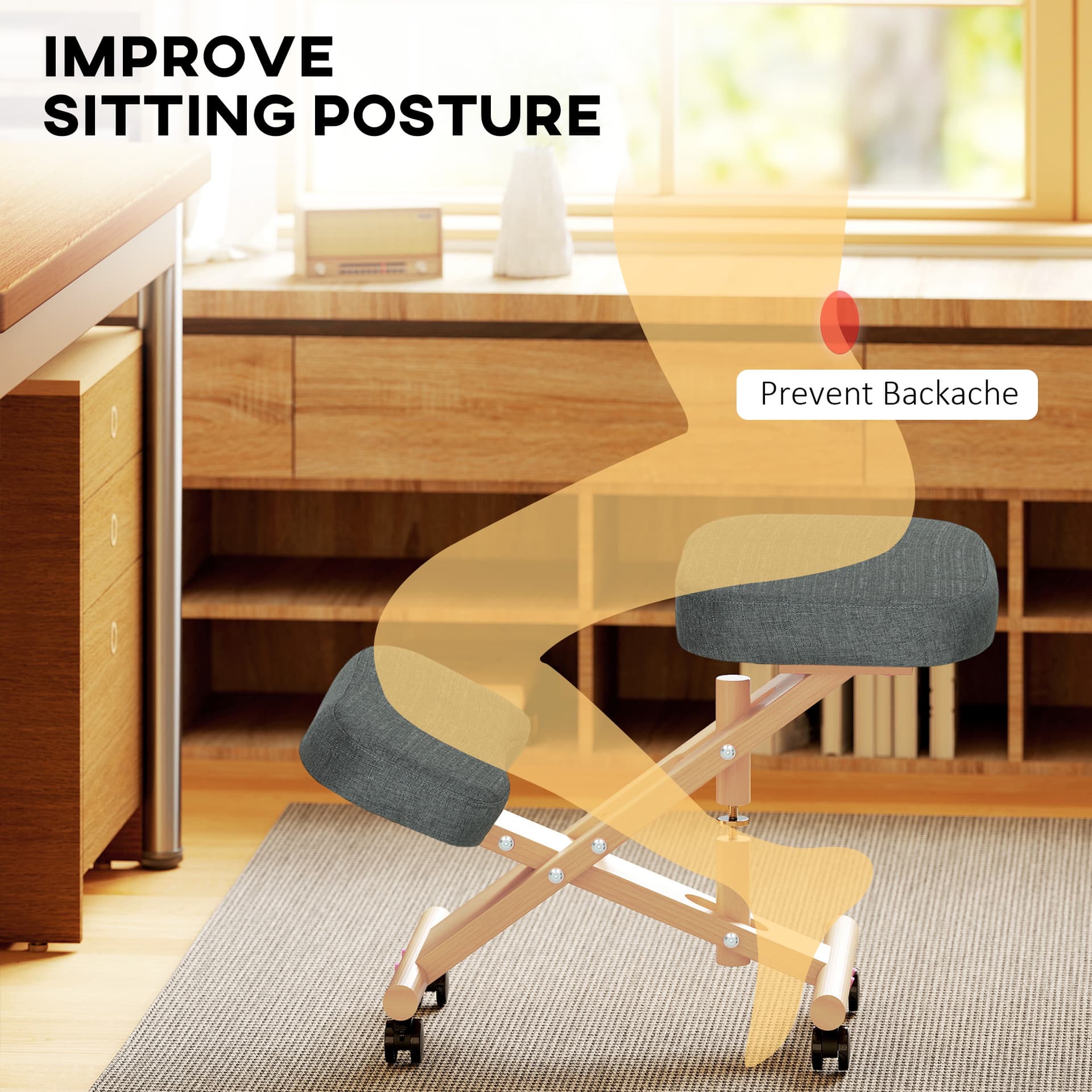 Ergonomic Kneeling Chair, Posture Chair with Rubberwood Frame, Wheels for Office, Posture Correction, Dark Grey