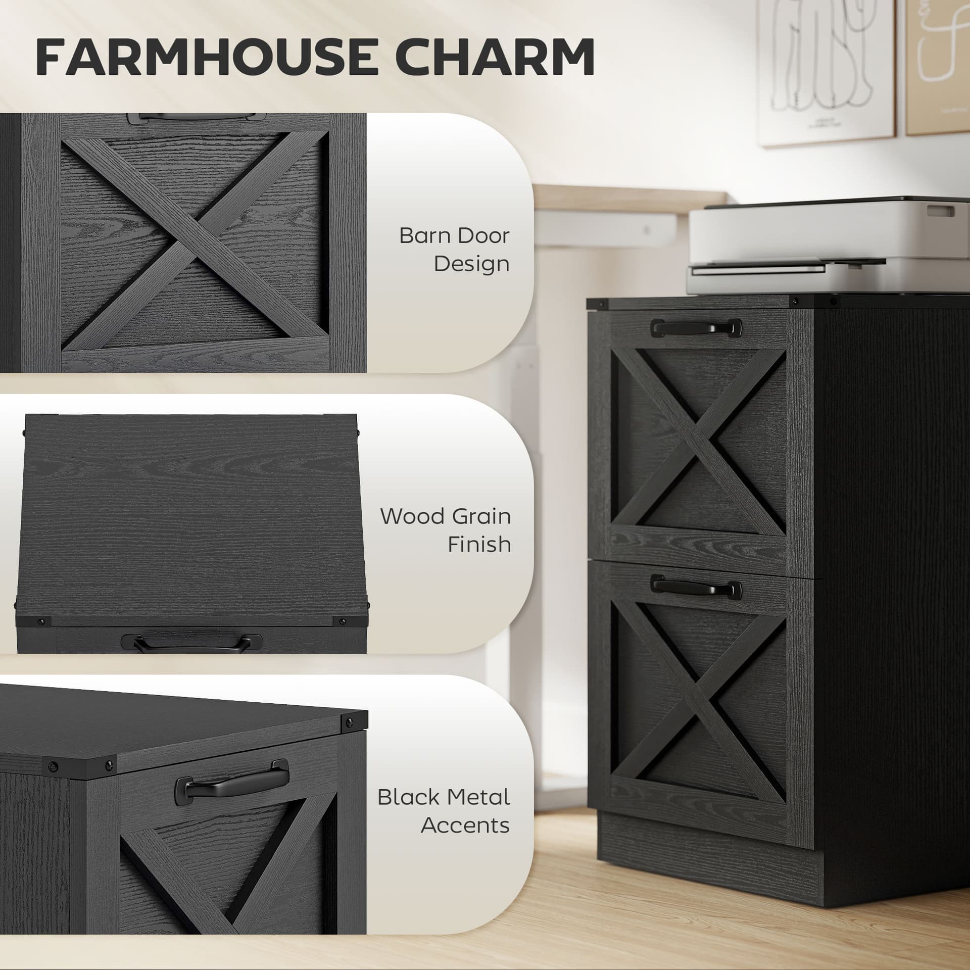 2 Drawer File Cabinet with Silent Slides, Vertical Farmhouse Filing Cabinet Fits Letter/A4 Size Home Office, Black