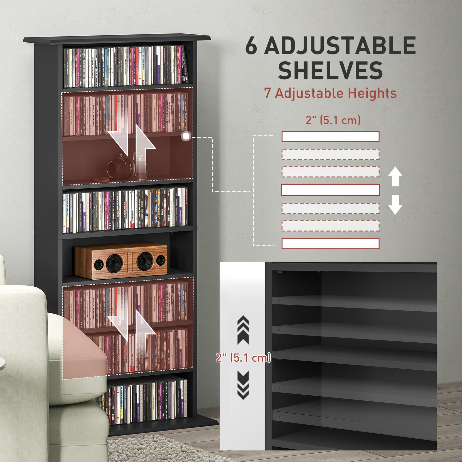 8-Tier DVD Shelf with 6 Adjustable Shelves, Slim CD Shelf, Holds 360 CDs, 185 DVDs or 185 Blu-rays, Black
