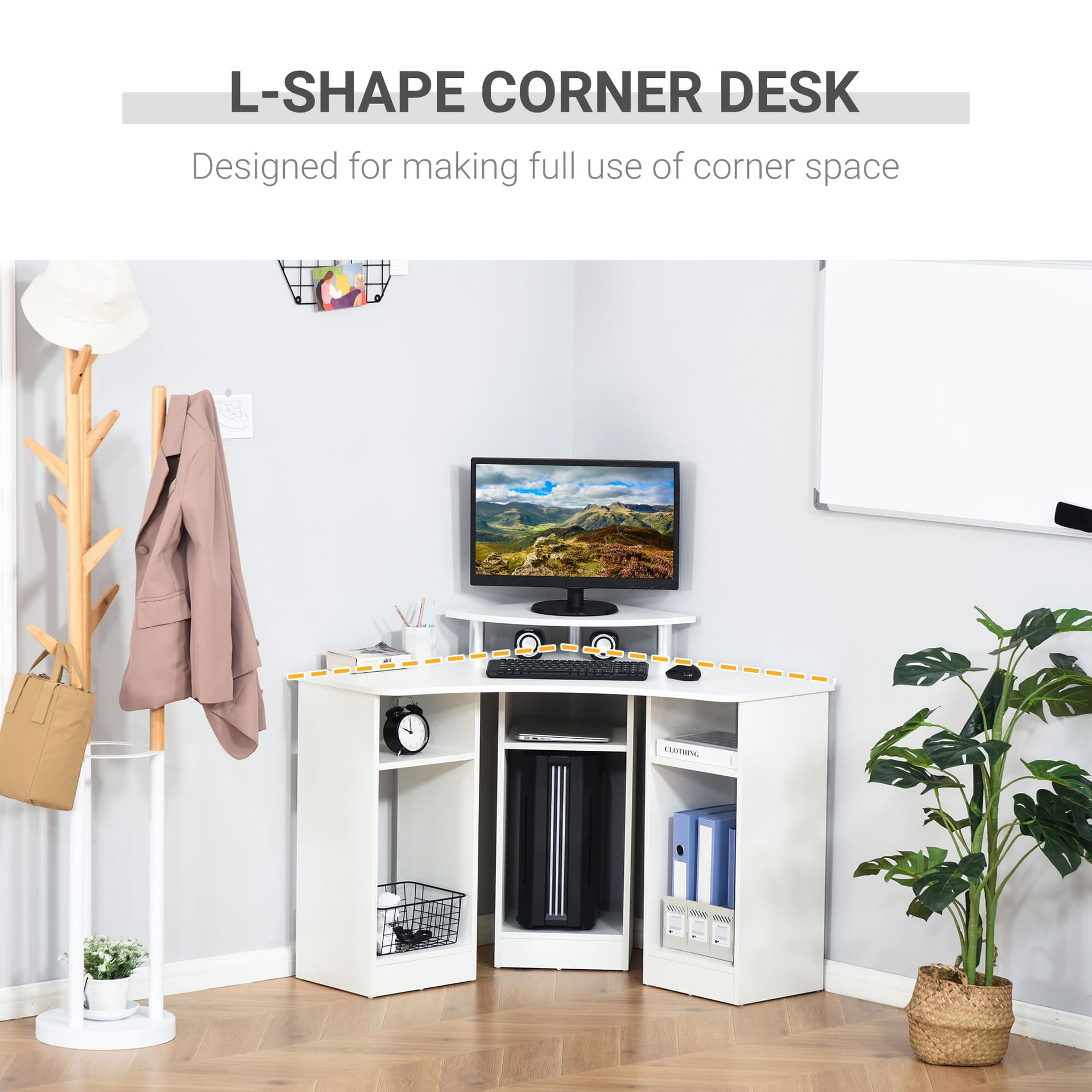 35" L-Shaped Computer Desk with Monitor Stand and Open Shelves, Home Office Corner Desk Study Workstation for Small Space, White