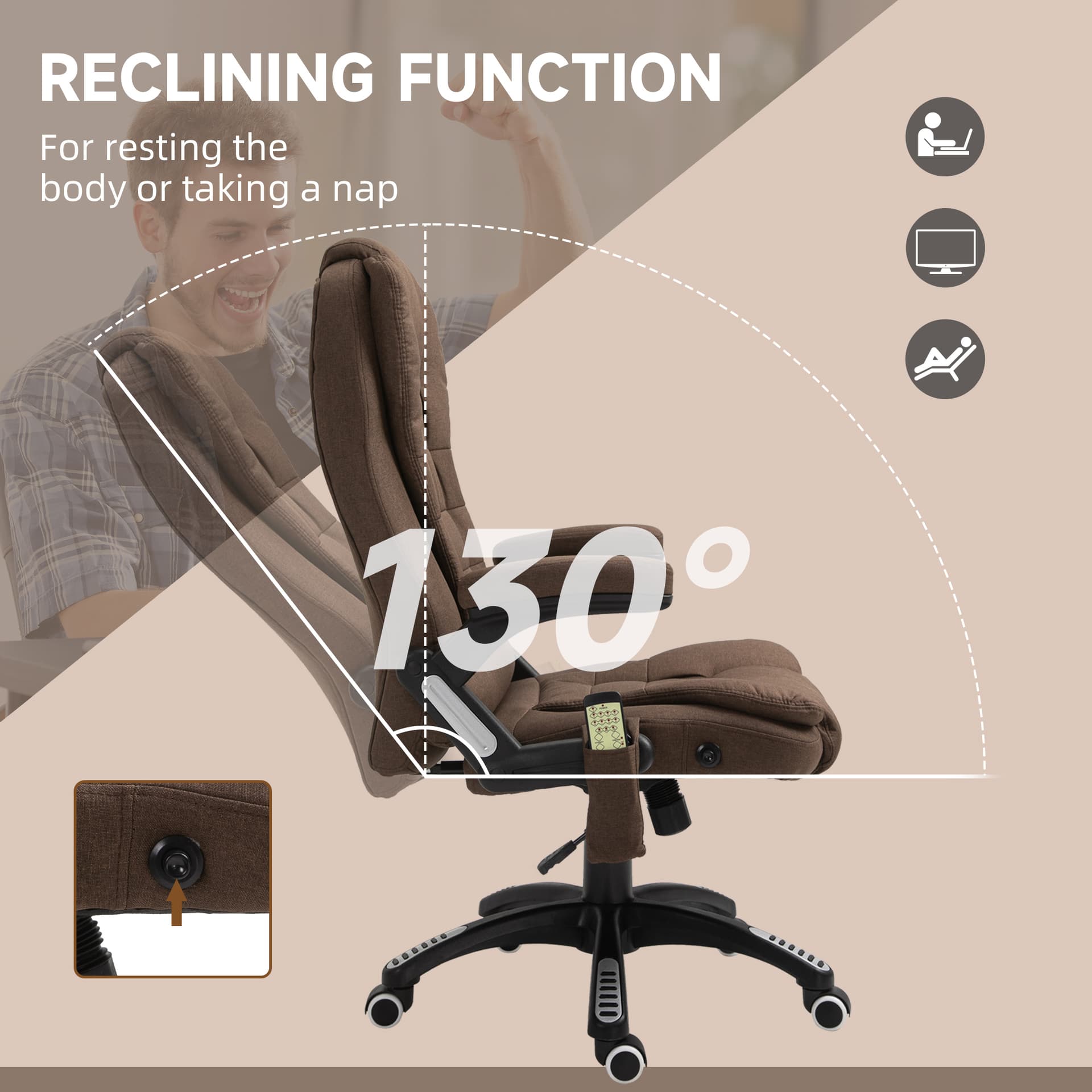 Reclining Massage Office Chair, Executive Office Chair with High Back, Swivel Wheels, Brown