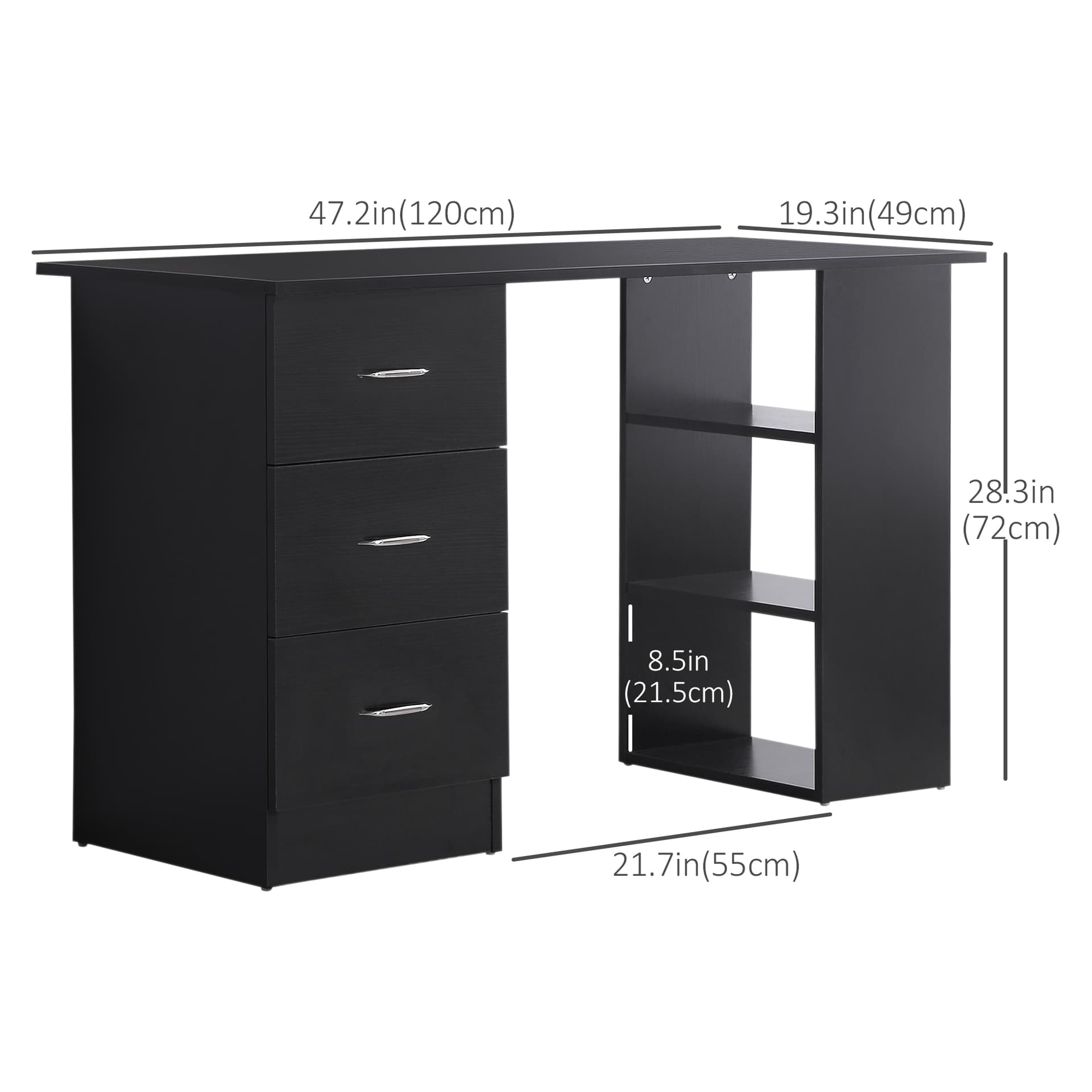 Computer Desk, 47" Writing Table with 3-Tier Shelves and 3 Reversible Drawers for Home Office, Bedroom, Black