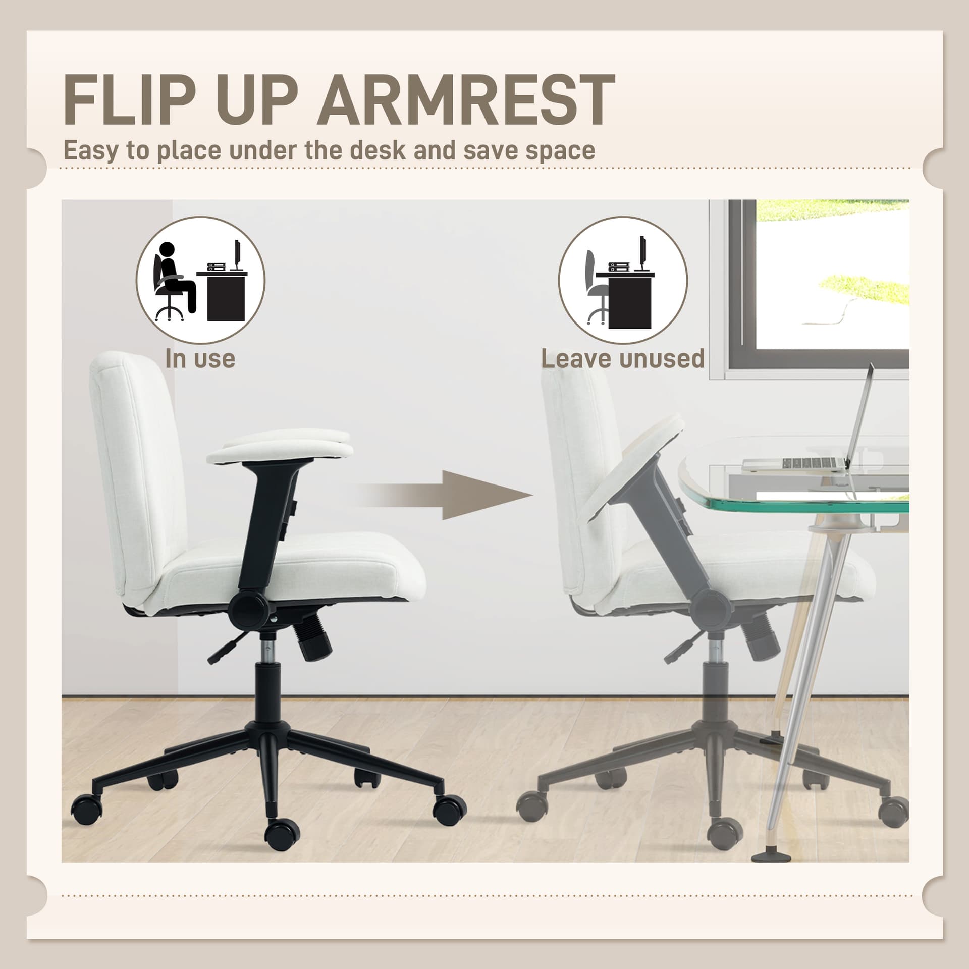 Criss Cross Chair with Flip-up Armrests, Wheels, Wide Office Chair with Adjustable Height, Tilting, Cream White