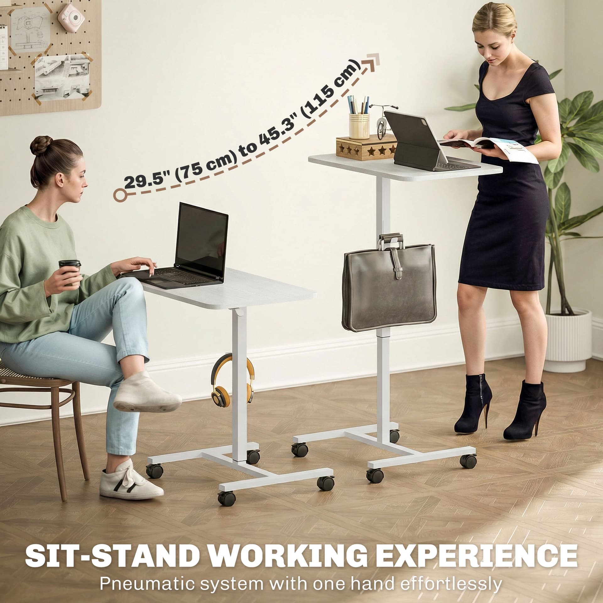 Height Adjustable Standing Desk, Pneumatic Sit Stand Desk with Wheels and Headphone Hook, White Wood Grain - Office Desks & Work Stations - Office Furniture