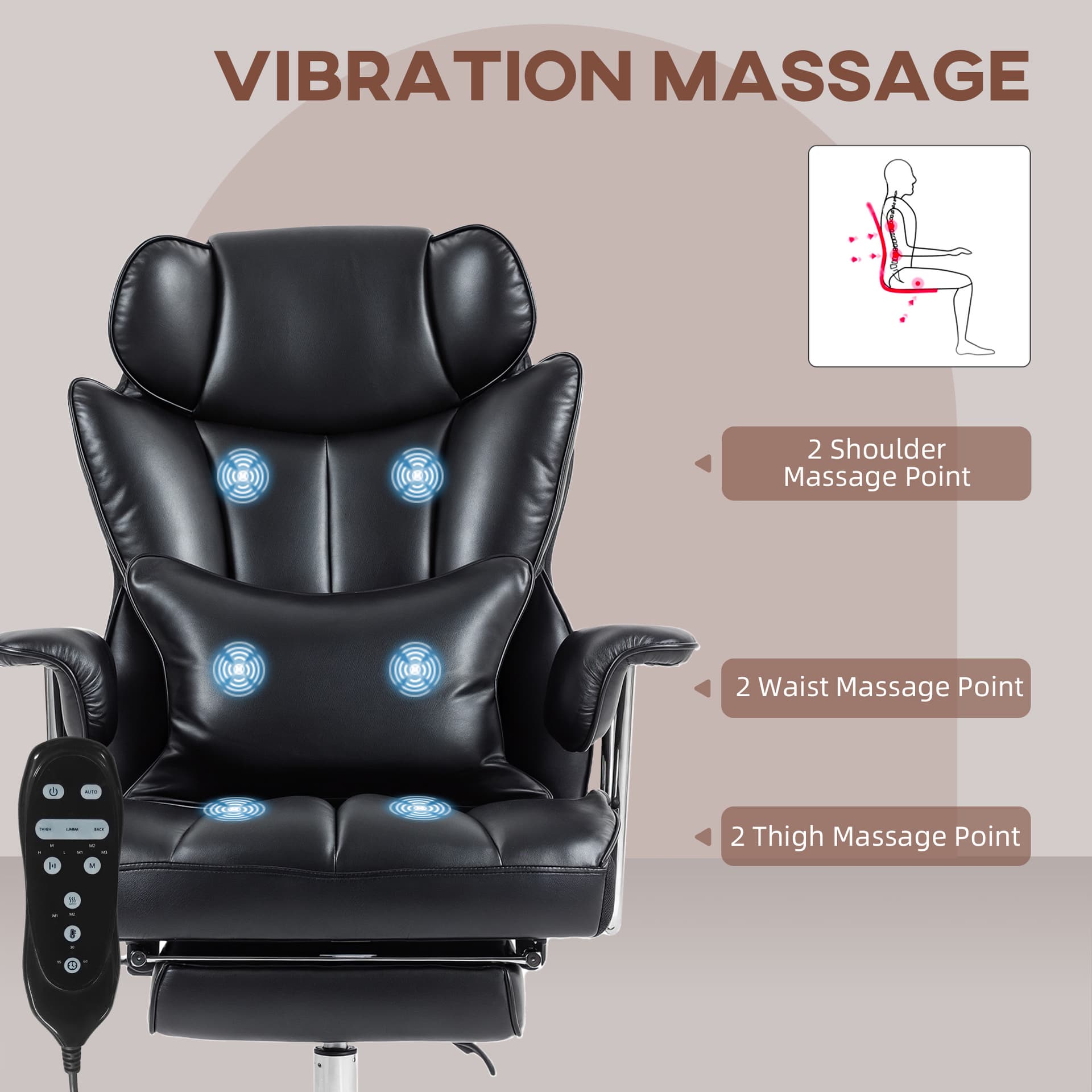 400LBS Massage Office Chair, Executive Office Chair with 6-Point Vibration, Footrest and Lumbar Support, Black - Massage Chairs - Office Furniture