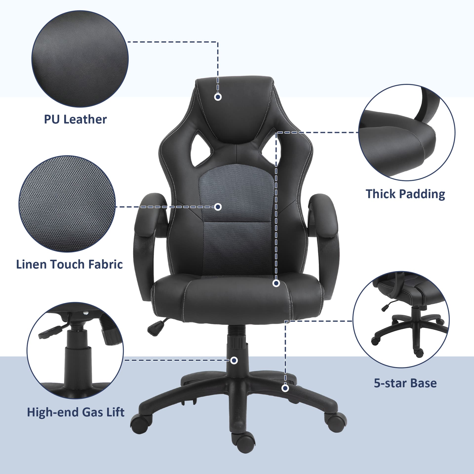 Racing Gaming Chair Office Chair Computer Desk Gamer Chair with Swivel Wheels, Padded Headrest, Tilt Function, Grey