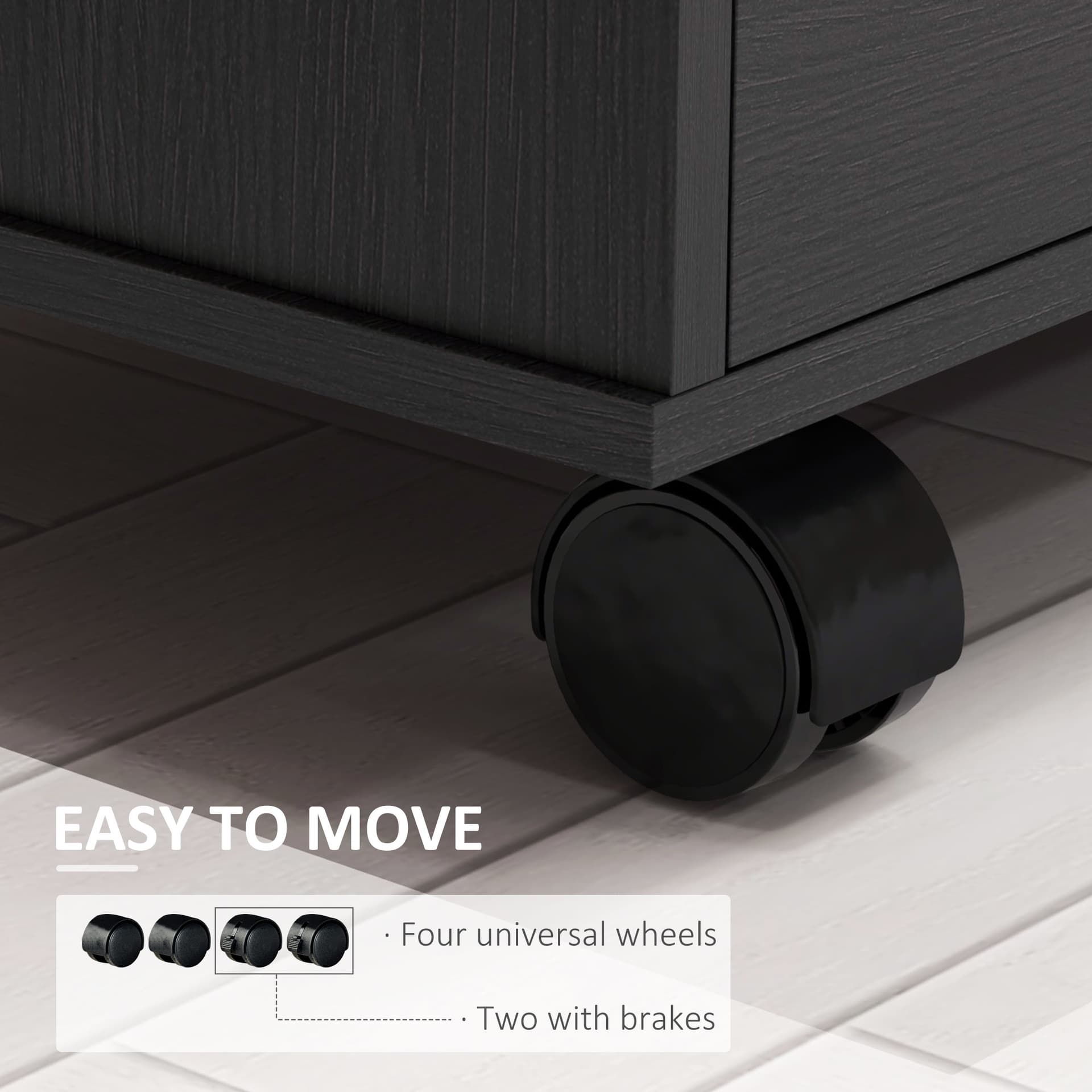 Modern Lateral Filing Cabinet, 3 Drawer File Cabinet for Letter and A4 Size Documents, Mobile, Printer Stand with Open Shelves, Rolling Wheels, Black