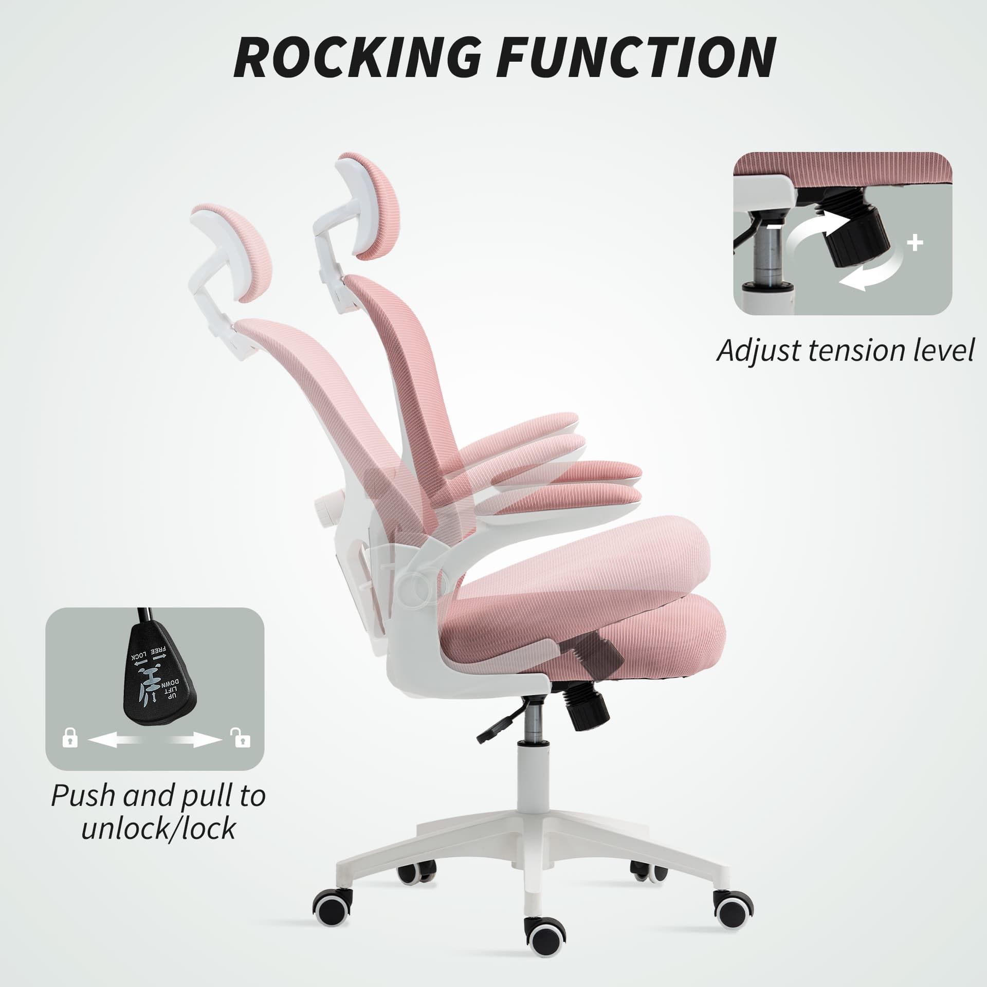 Office Chair, Mesh Computer Desk Chair with Adjustable Headrest, 4D Lumbar Support, Flip-up Arm, Pink