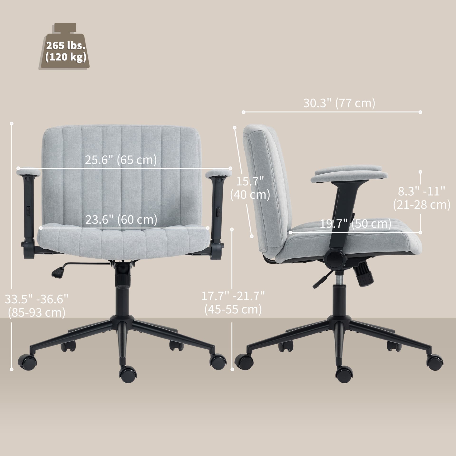 Criss Cross Chair with Flip-up Armrests, Wheels, Wide Office Chair with Adjustable Height, Tilting, Grey