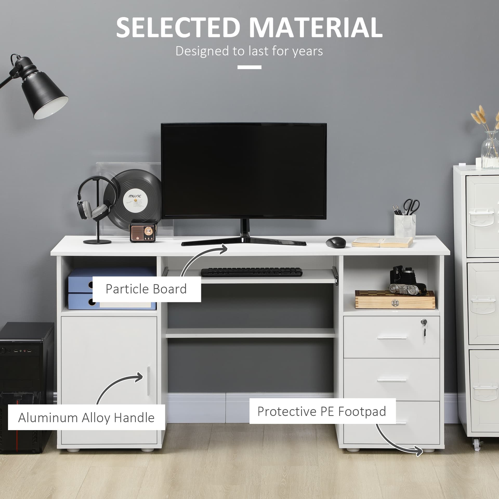 Computer Desk with Keyboard Tray and Drawers, Writing Desk, Home Office Workstation, White