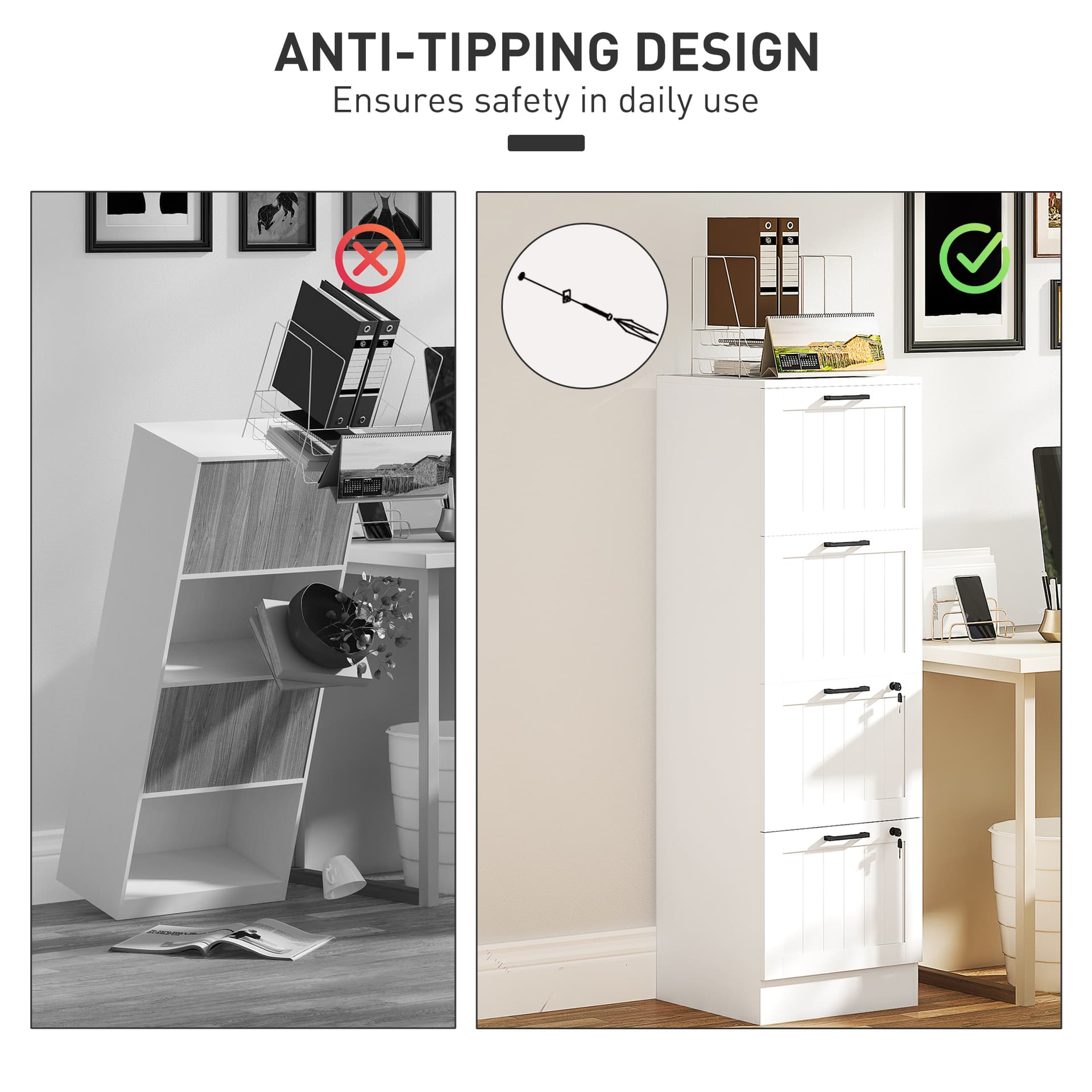 4 Drawer Filing Cabinet with Lock, Office Storage Cabinet with Adjustable Hanging Bars for A4 Letter Size Files, White