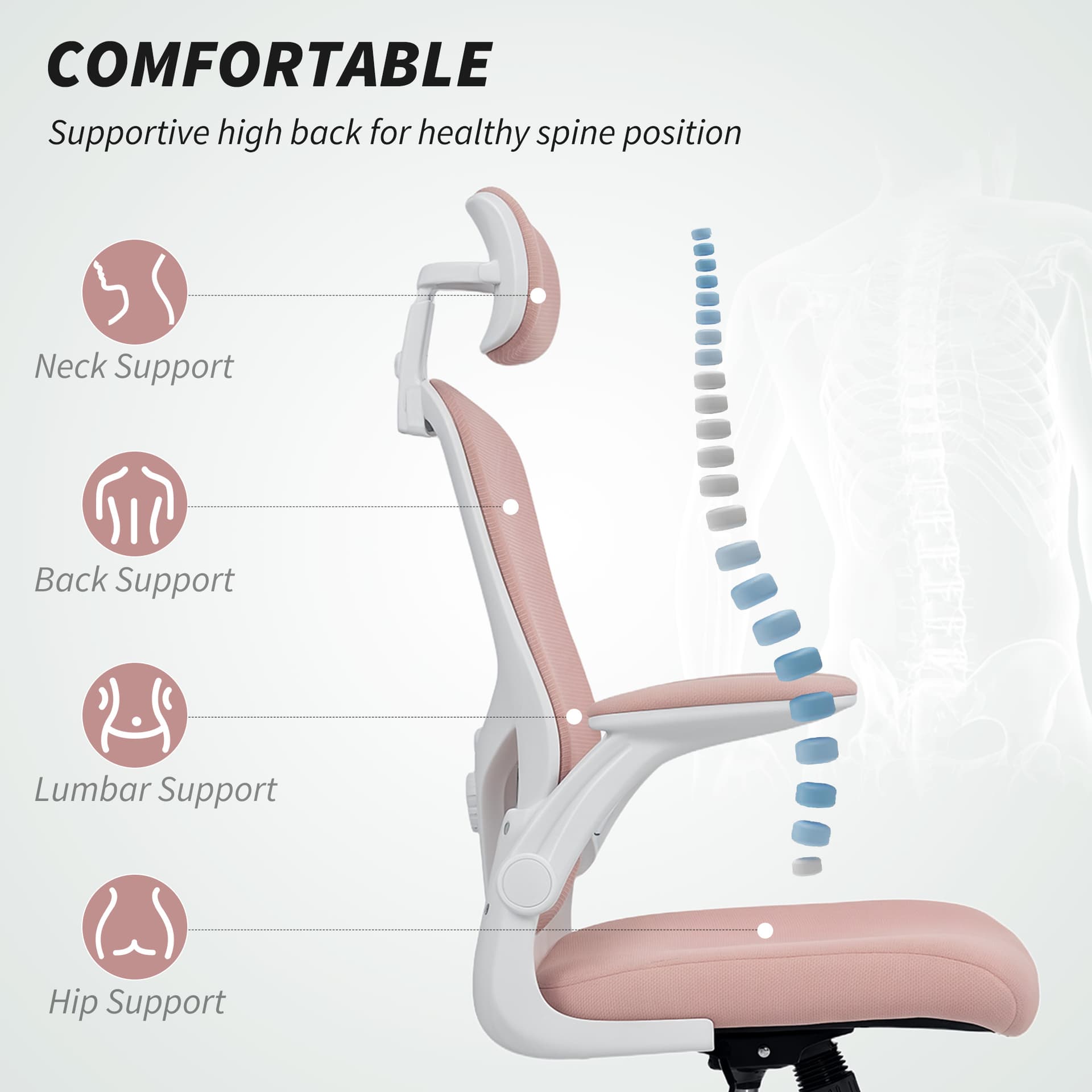Ergonomic Office Chair, Mesh Desk Chair with Adjustable Headrest, Lumbar Support and Height, Flip-Up Armrests, Pink