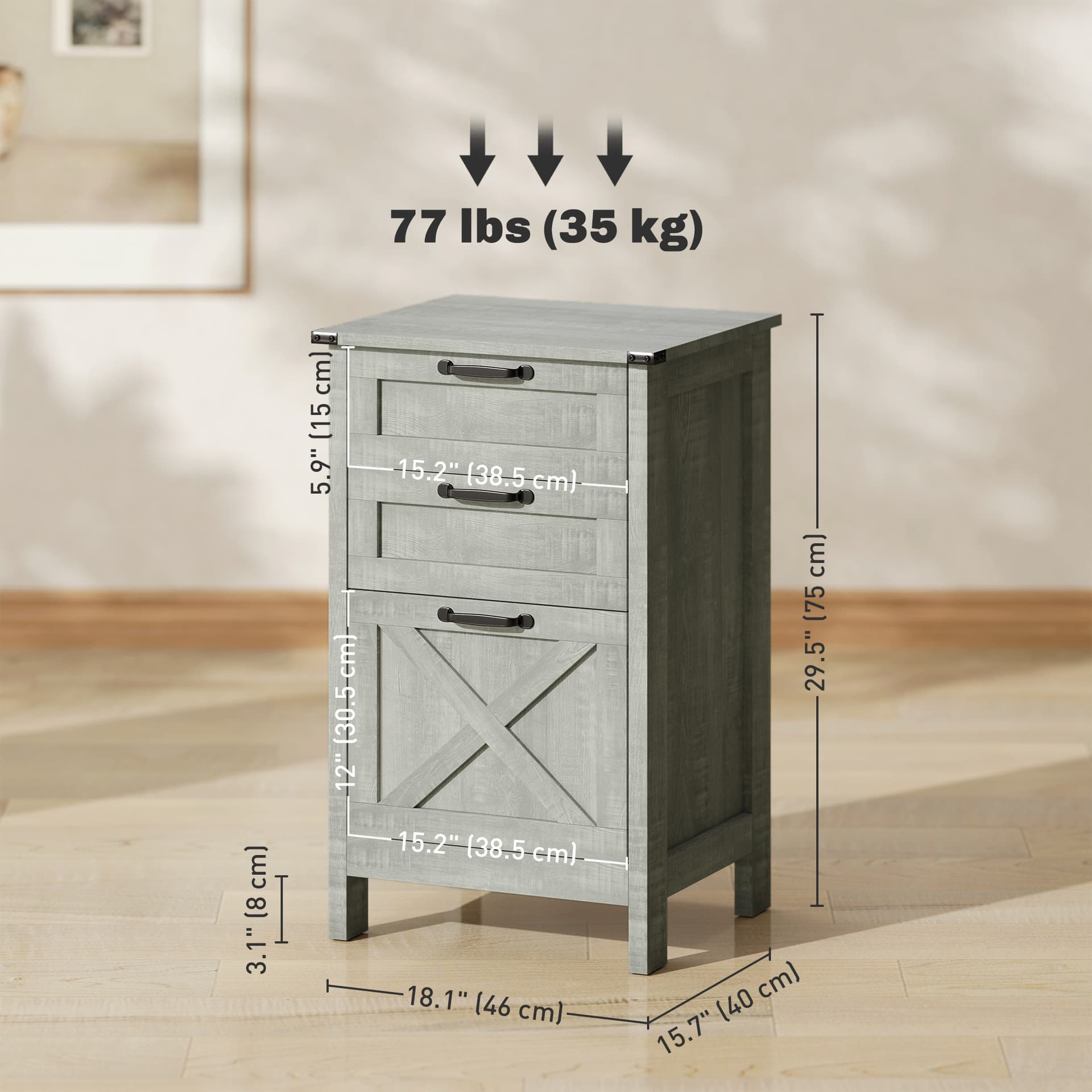 Vertical Filing Cabinet with 3 Drawers, Rustic Farmhouse Office Storage Cabinet for A4, Letter Size, Stone Grey