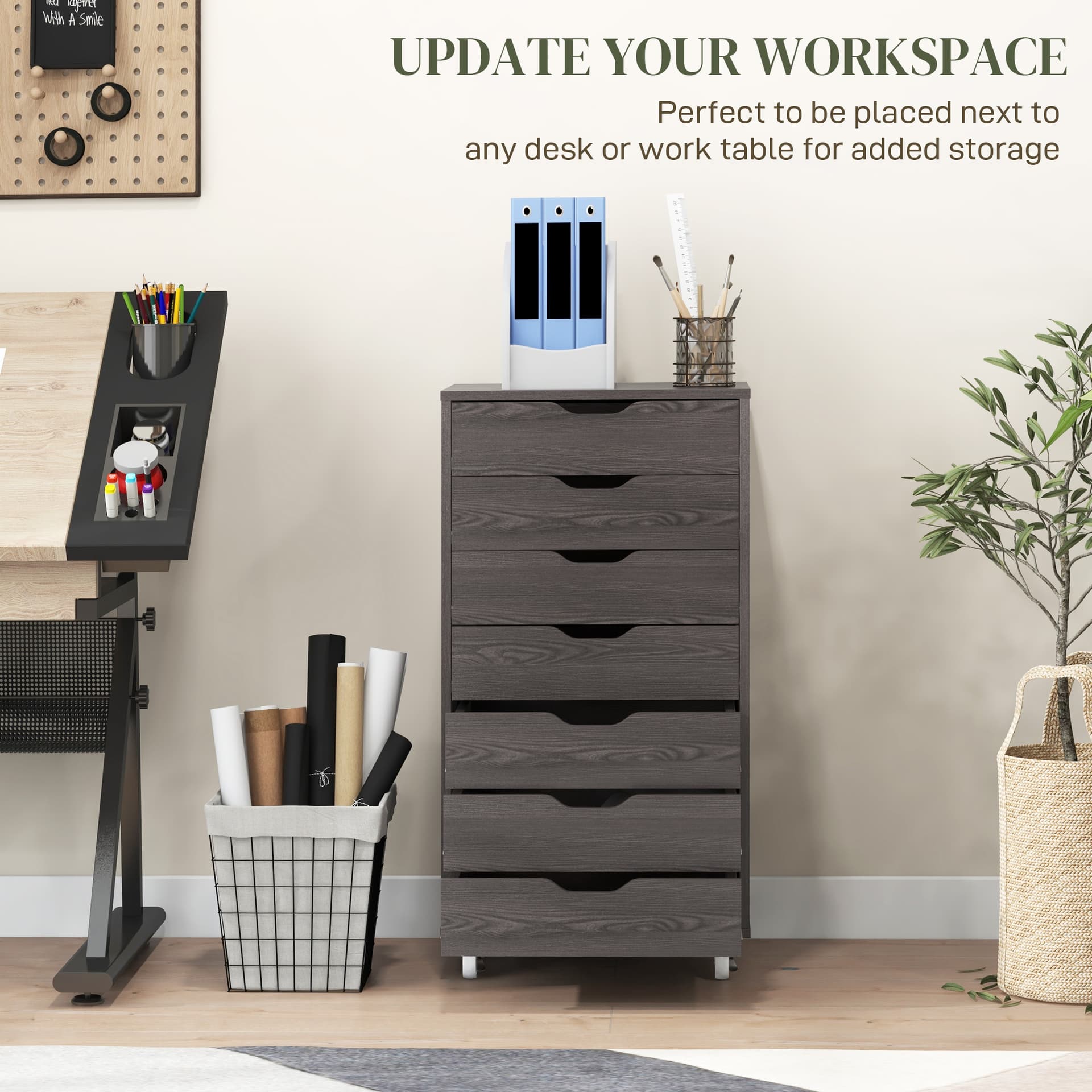 7-drawer Vertical File Cabinet for Home Office, Storage Cabinet with Wheels, 18.7"x15.6"x35.4", Grey Wood Grain