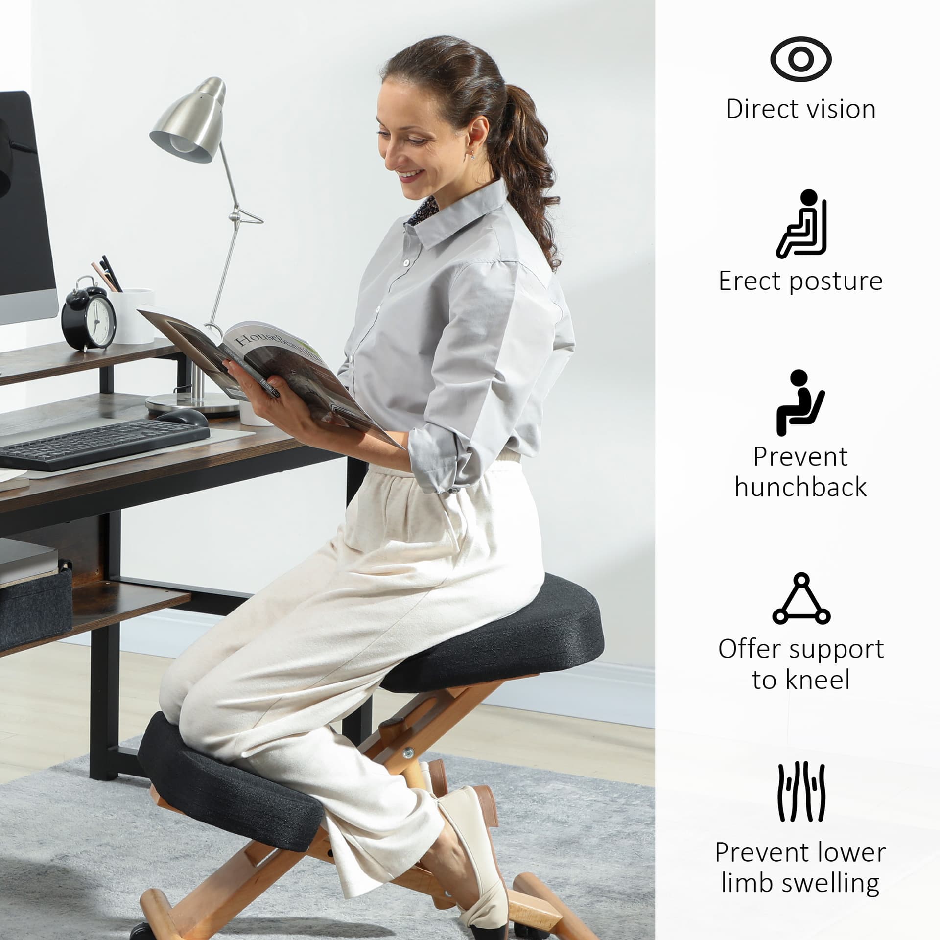 Ergonomic Kneeling Chair, Posture Chair with Rubberwood Frame, Rolling Wheels for Office, Posture Correction, Black